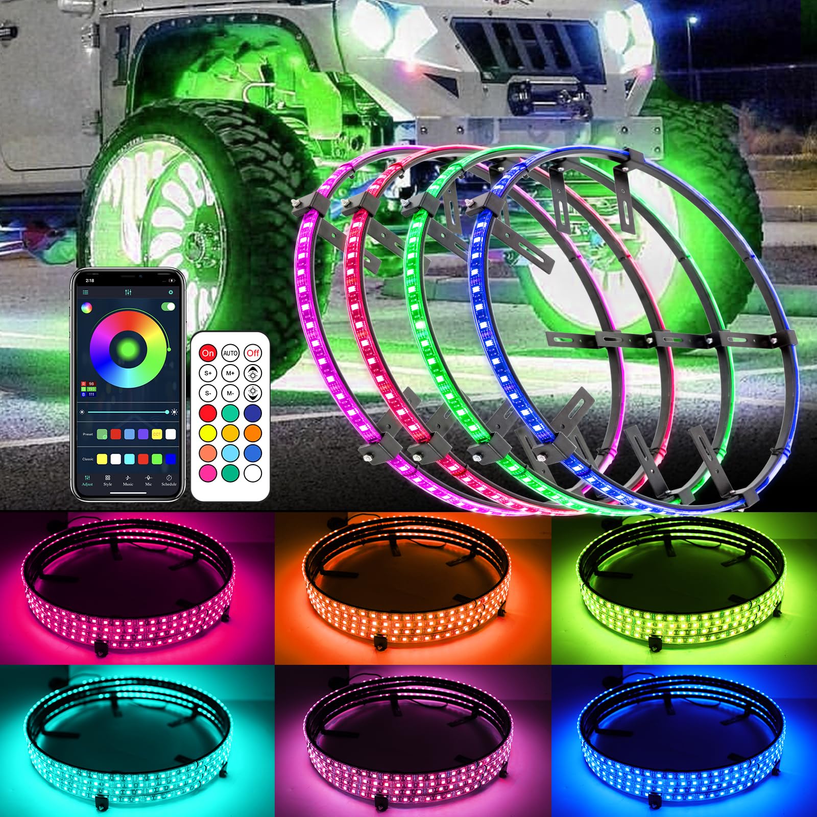 4PCS 17.5inch RGB LED Wheel Rim Lights with Bluetooth & Remote Control - Multi-Color Wheel Ring Light Kit with Turn Signal & Braking Function for Pickup Trucks, SUVs & Cars (17.5inch) - Enhance Night Driving Safety & Customize Your Ride's Style
