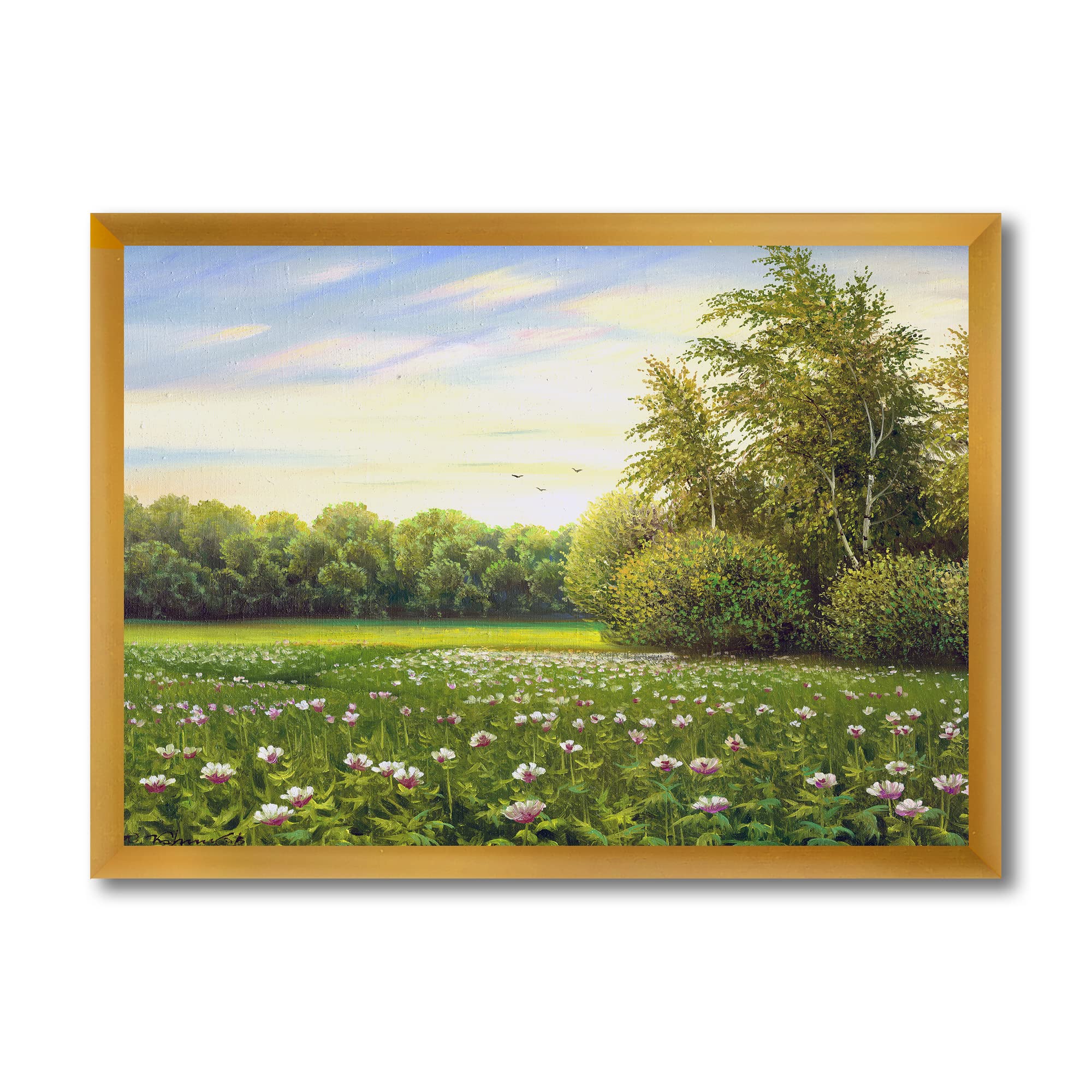 DesignQ Spring Trees By The Meadows Framed Country Wall Art - Rustic Landscape Painting for Living Room, Bedroom & Office Decor