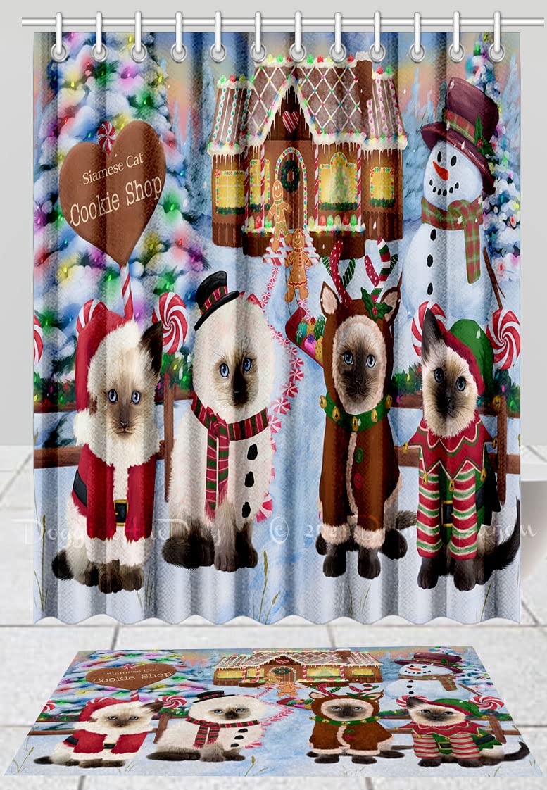 Siamese Cats Gingerbread Cookie Shop Shower Curtain & Bath Mat Set - Anti-Slip Bathroom Decor, Plush Rug, Polyester Bathtub Curtain with Hooks (Mat 16''x28'', Curtain 66