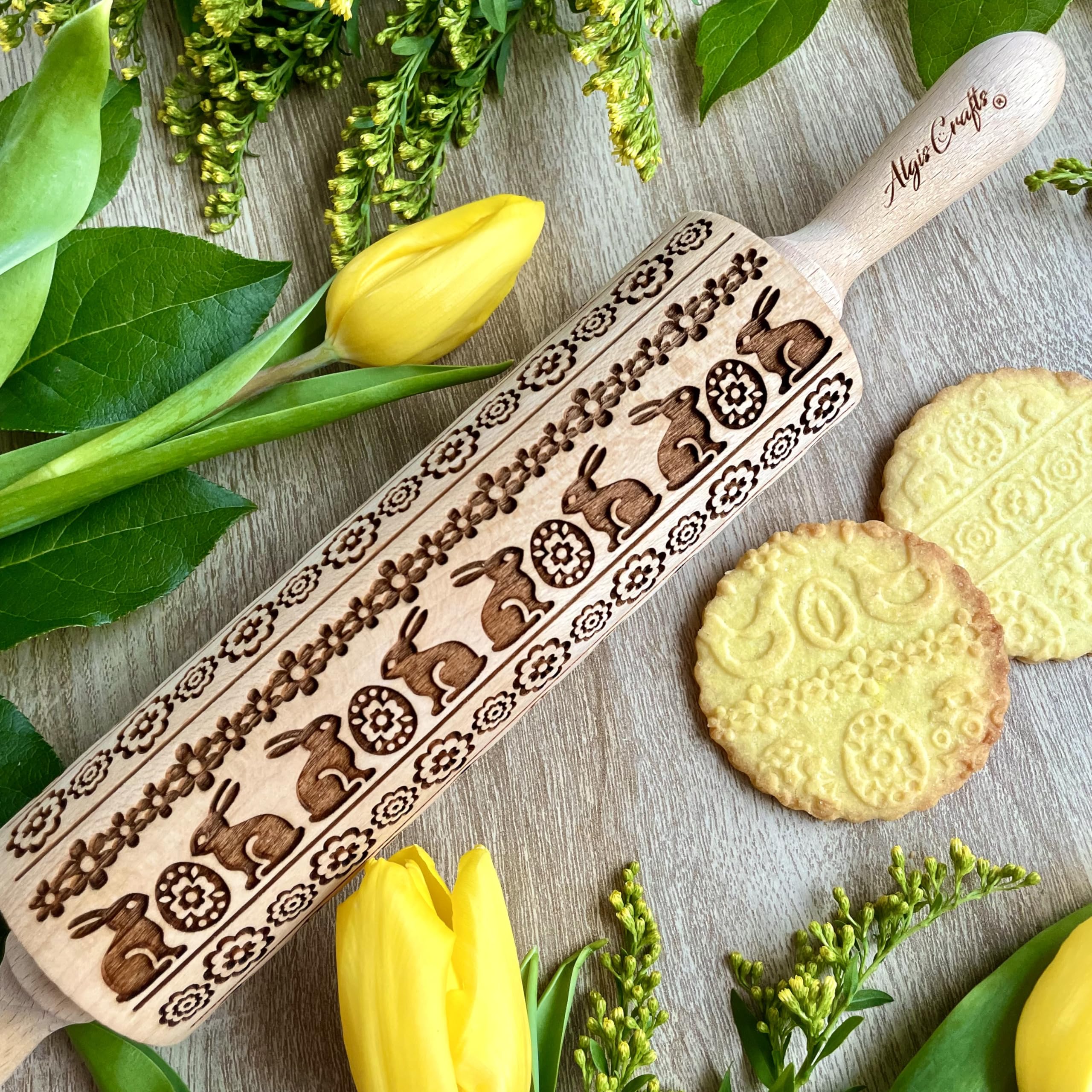 Algis Crafts Easter Bunny Embossing Rolling Pin - Premium Dough Roller for Embossed Cookies, Pottery & DIY Crafts | Perfect for Easter Baking, Holiday Decorations & Ceramic Projects