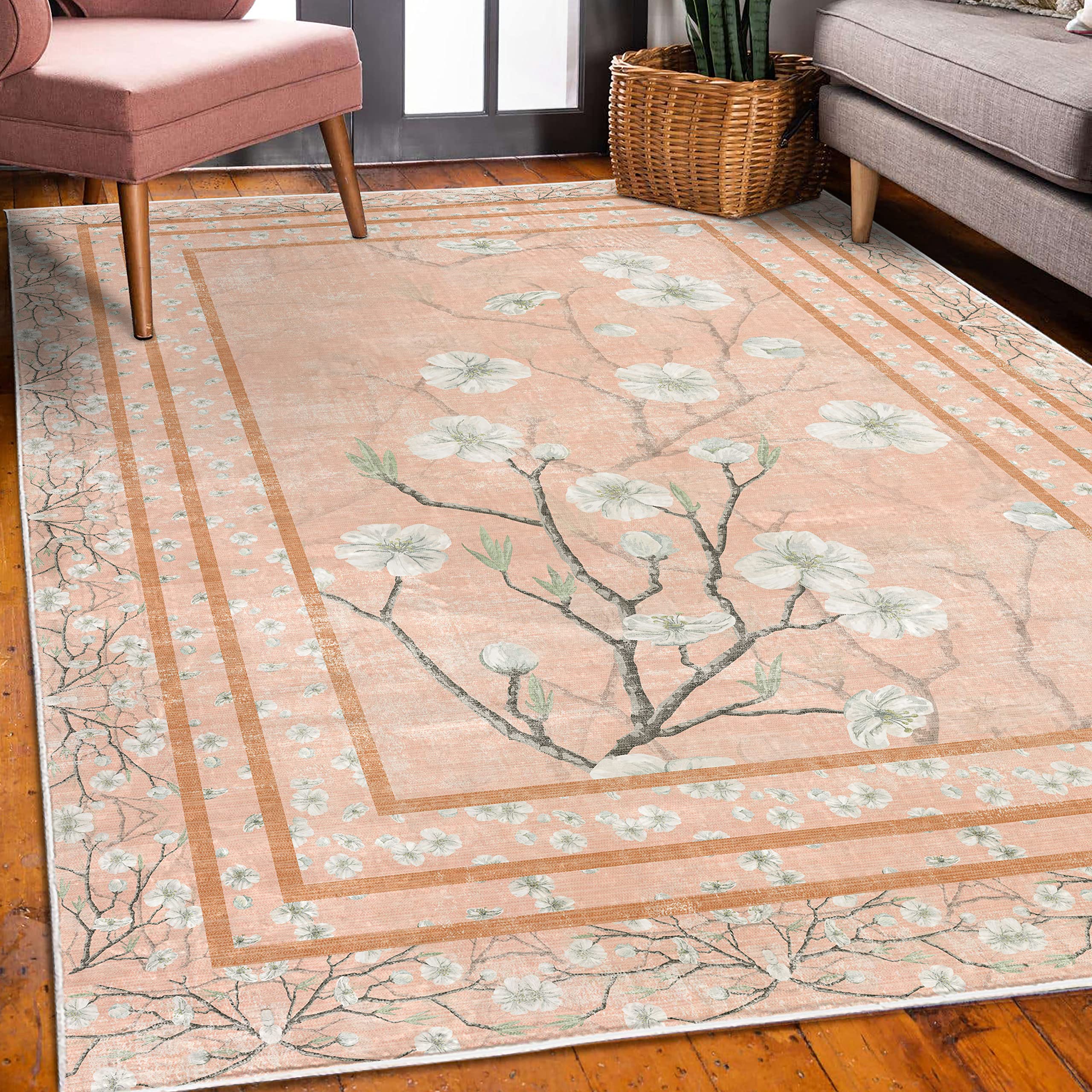 Ambesonne Floral Area Rug - Spring Apple Blossom Design with Nature-Inspired Branches, Soft Non-Slip Carpet for Bedroom, Living Room, Dorm (5'1