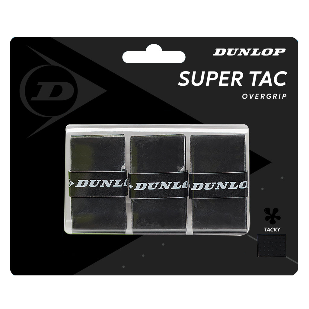 Dunlop Super Tac Overgrip 3 Pack (Black) - Tennis & Racquetball Grip Tape for Enhanced Sweat Absorption & Control - Perfect for Tennis, Badminton, Squash & Pickleball Players