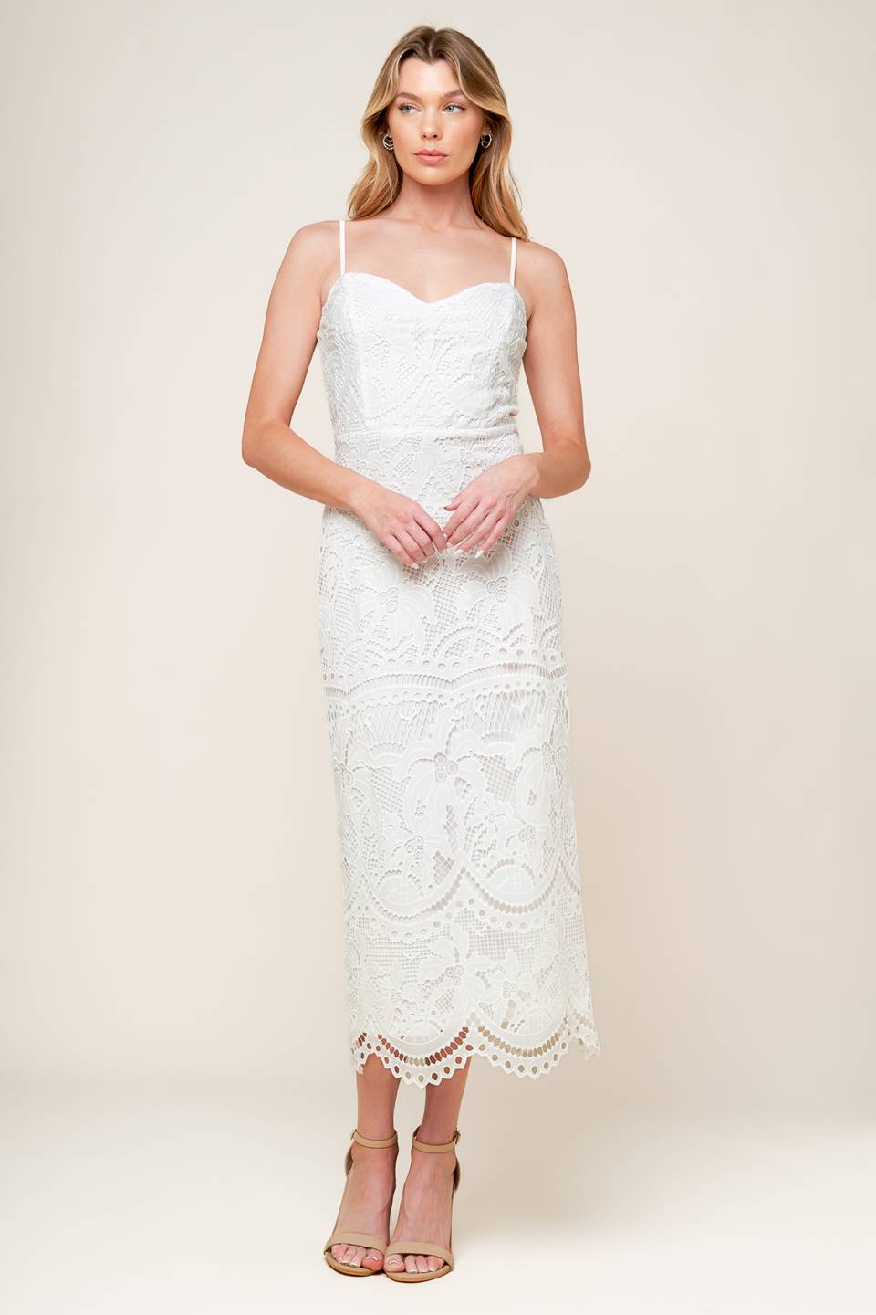 Josephine Lace Midi Dress in Off White - Elegant Floral Lace Formal Dress for Weddings, Parties & Special Occasions