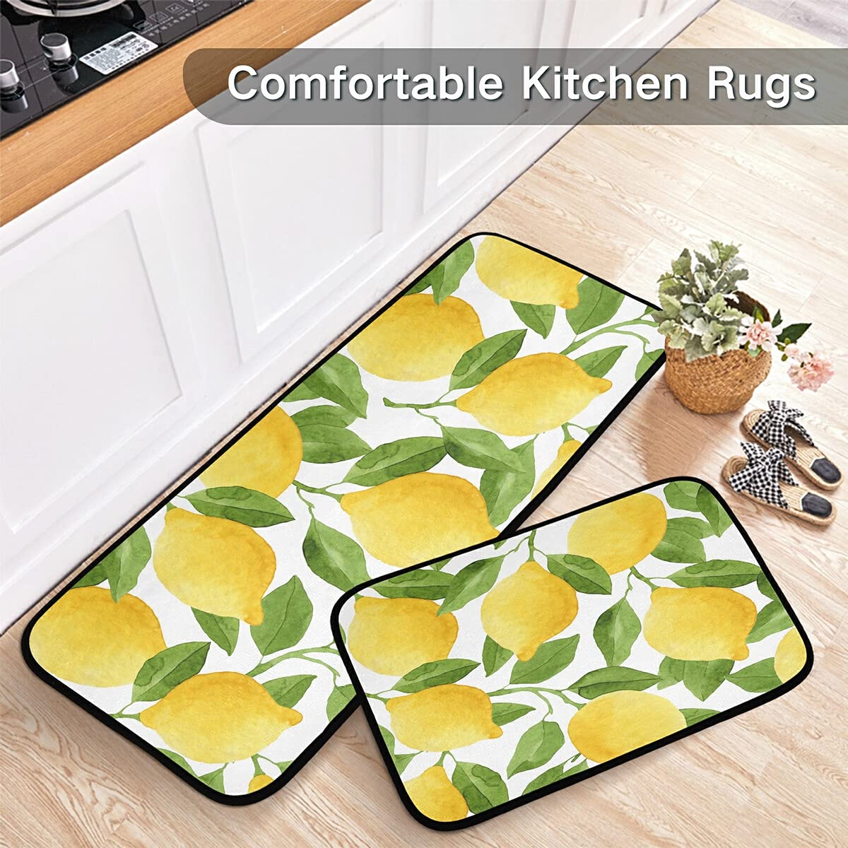 Emelivor Non-Slip Washable 2-Piece Kitchen Rug Set with Lemon Green Leaf Design - Anti-Skid Floor Mats for Home, Kitchen & Laundry Room - Perfect for Entryway, Sink Area & High-Traffic Spaces