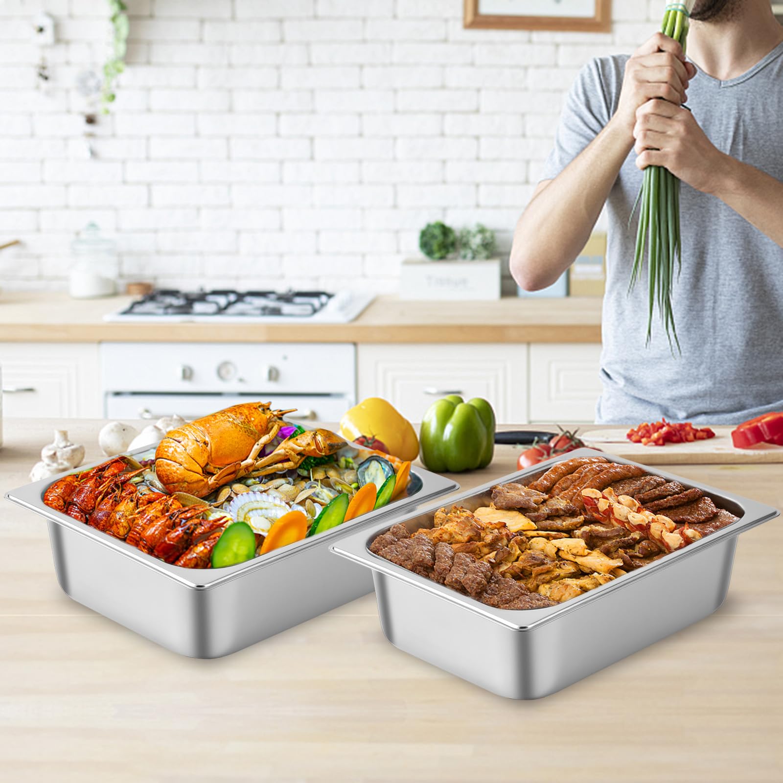 8-Pack Stainless Steel Steam Hotel Pans - 1/2 Size, 4
