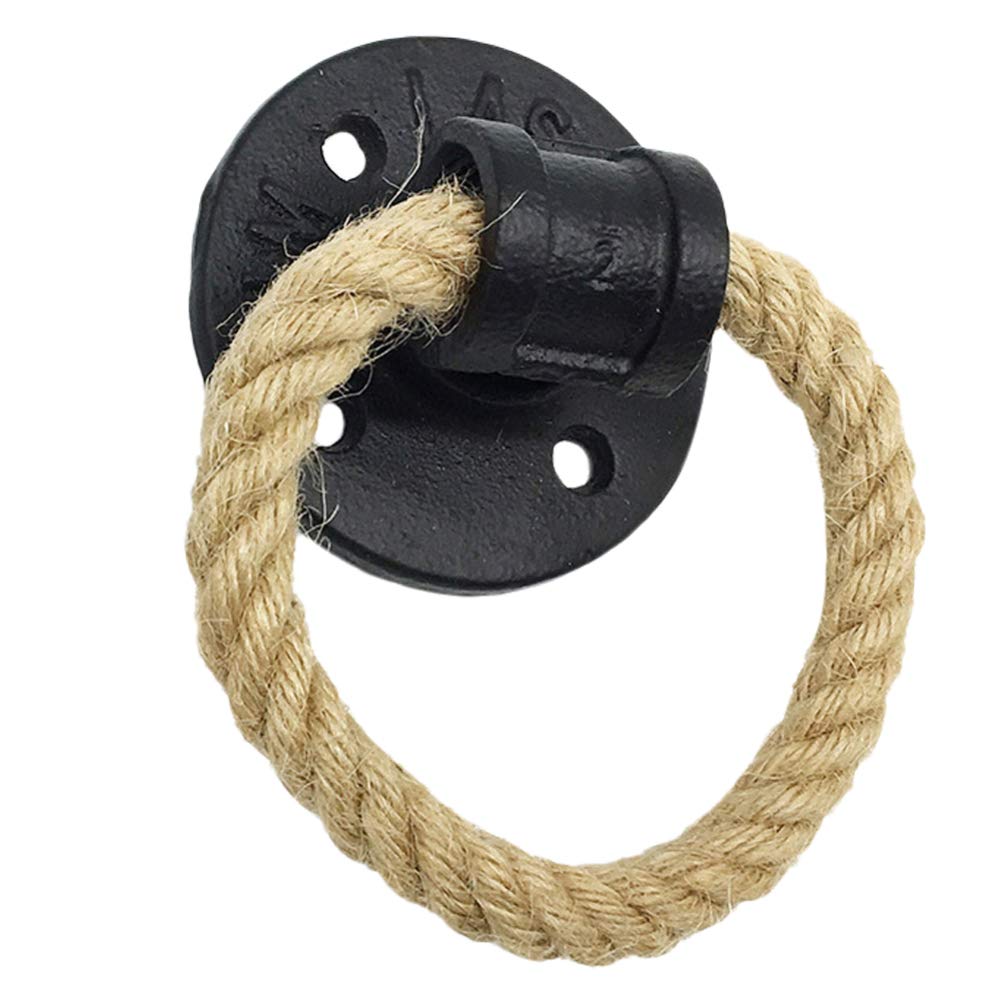Vintage Ring Drawer Knobs - Black Hemp Rope Pulls for Rustic Cabinets & Doors
