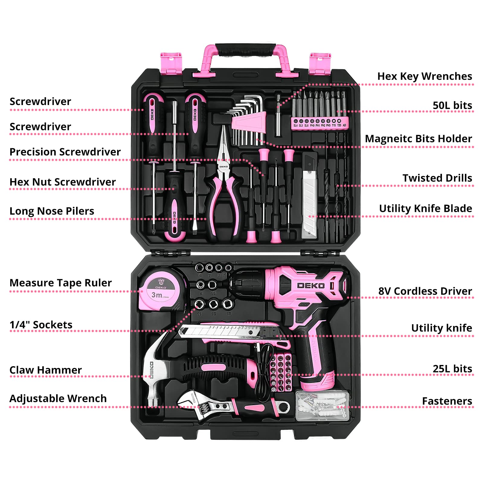 DEKOPRO 126-Piece Pink Cordless Drill Set - 8V Power Drill, Home Tool Kit with Accessories for DIY Projects, Woodworking & Home Repairs - Perfect for Women & Beginners