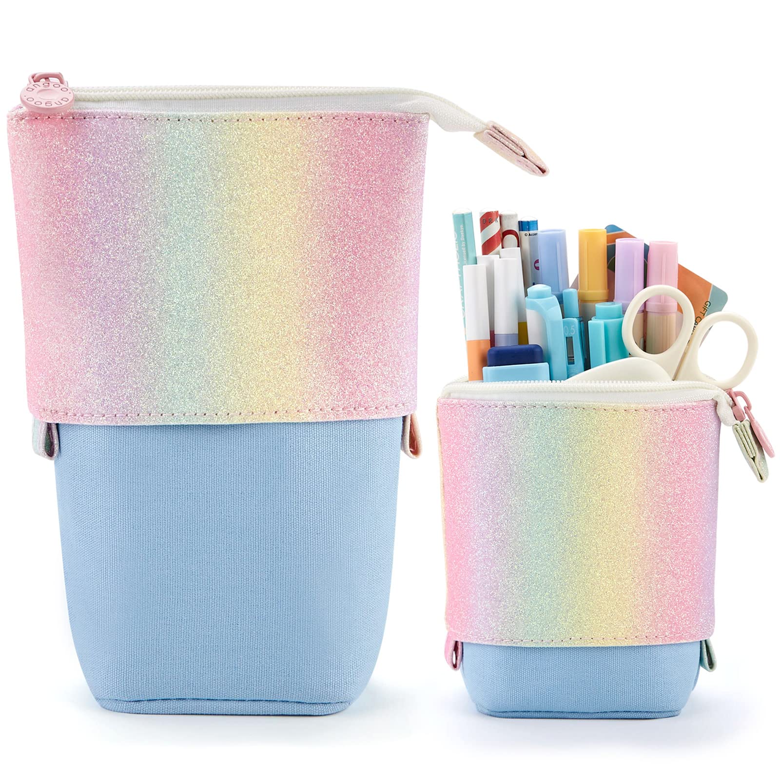 HVOMO Cute Rainbow Pencil Case for Girls & Kids - Soft Expandable Pen Holder, Kawaii Pop-Up Makeup Pouch, School & Office Stationery Organizer for Students & Adults (Blue) - Perfect for School, Work & Travel Organization