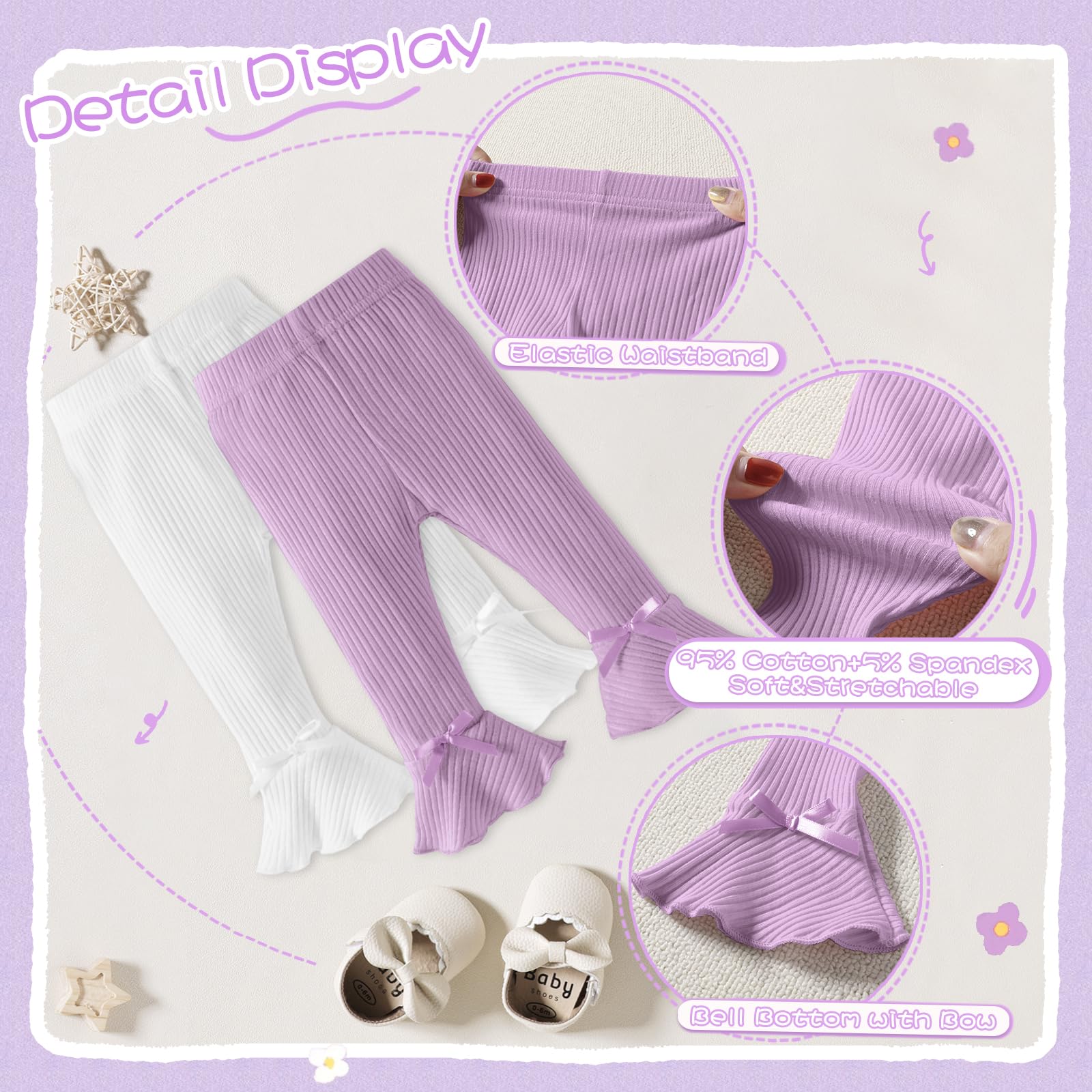 **Soft Ribbed Baby Girl Leggings - 5 Pack Straight & Flare Pants for Newborn Toddler | Bell Bottoms for Infant Girls | Perfect for Playtime, Outfits & Photo Shoots**