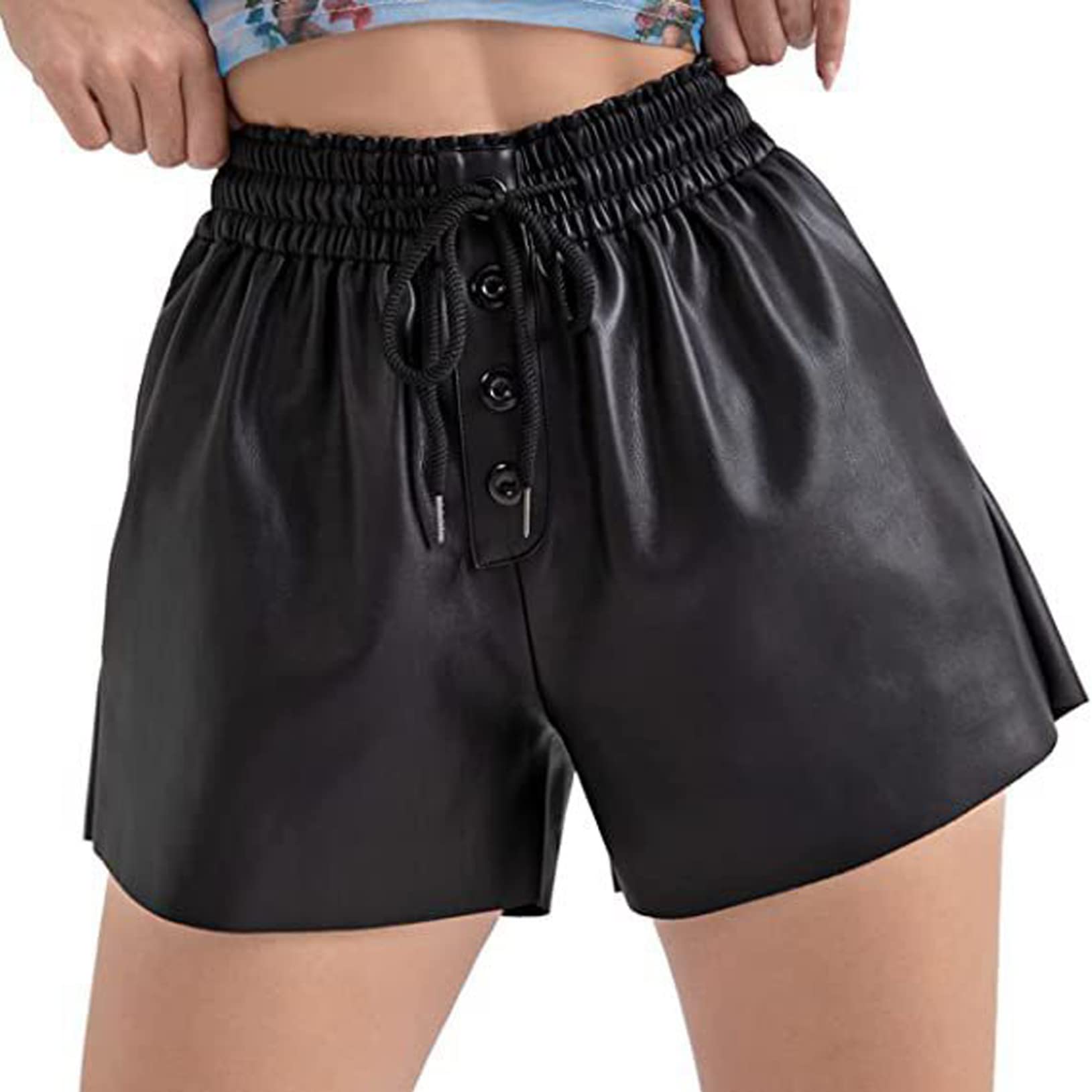 Freebily Women's Faux Leather High Waisted Wide Leg Shorts with Drawstring & Pockets | Stretchy Comfortable Fashion Short Pants for Casual Outfits, Night Out, and Streetwear Looks