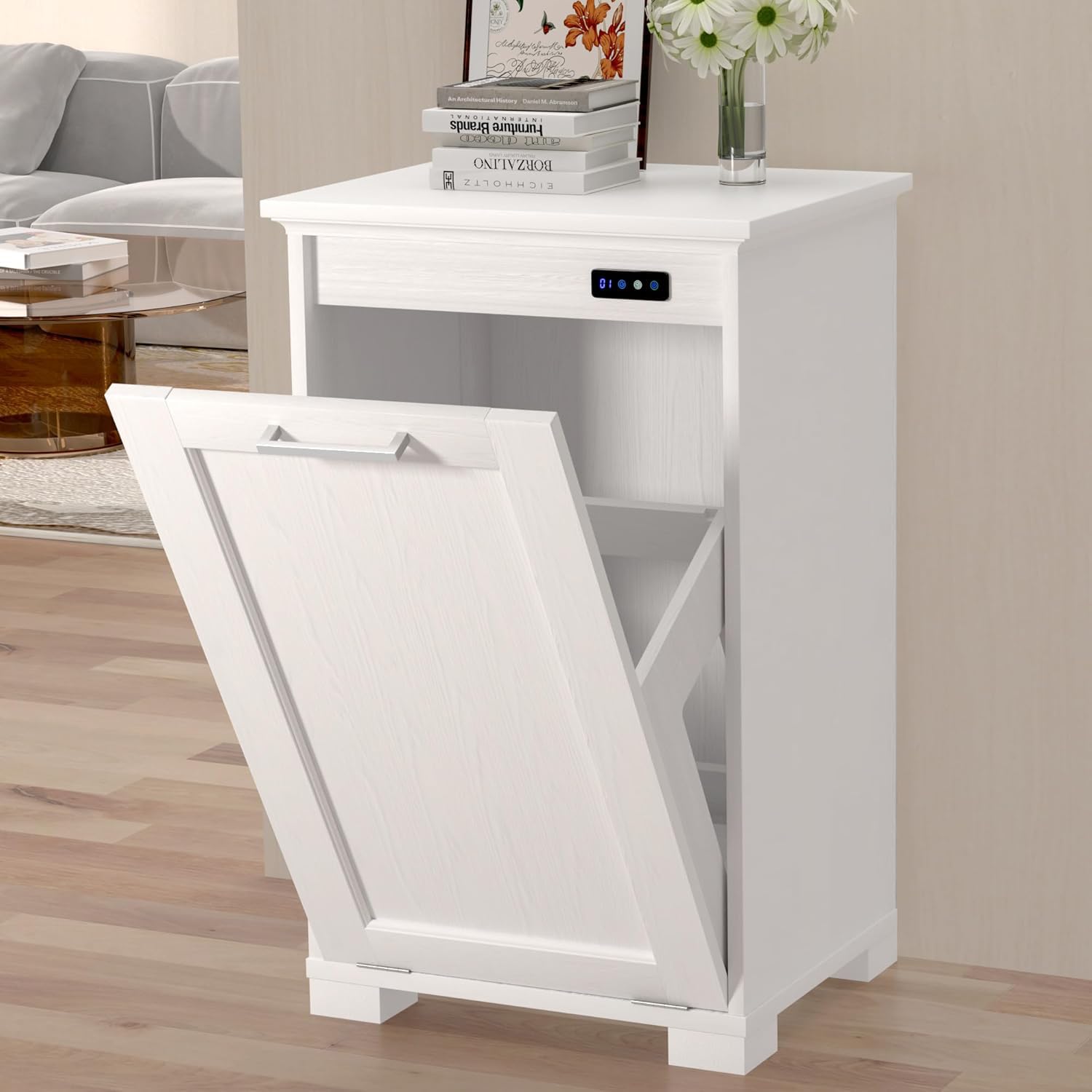 10-Gallon Tilt Out Trash Cabinet with Odor Control - White Wooden Freestanding Kitchen Garbage Can & Hidden Laundry Hamper for Home, Bathroom, and Pantry Organization