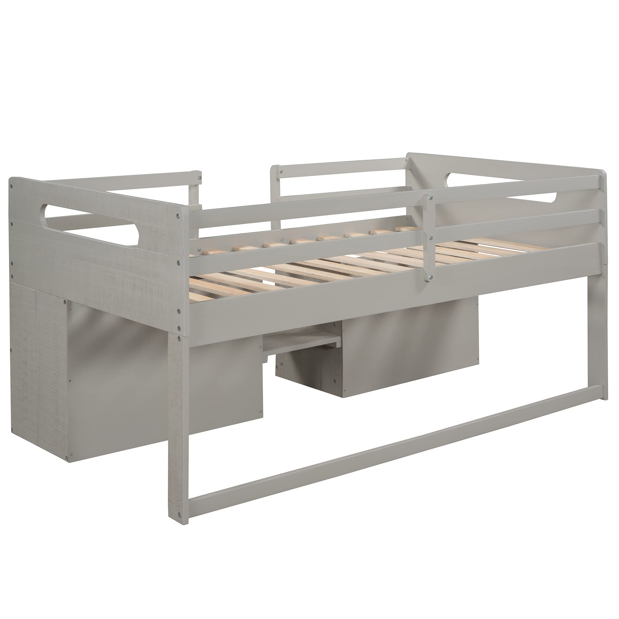 Low Loft Bed with Storage - Twin Size Wooden Loft Bed for Kids & Teens - Space Saving for Small Rooms (Antique Grey)
