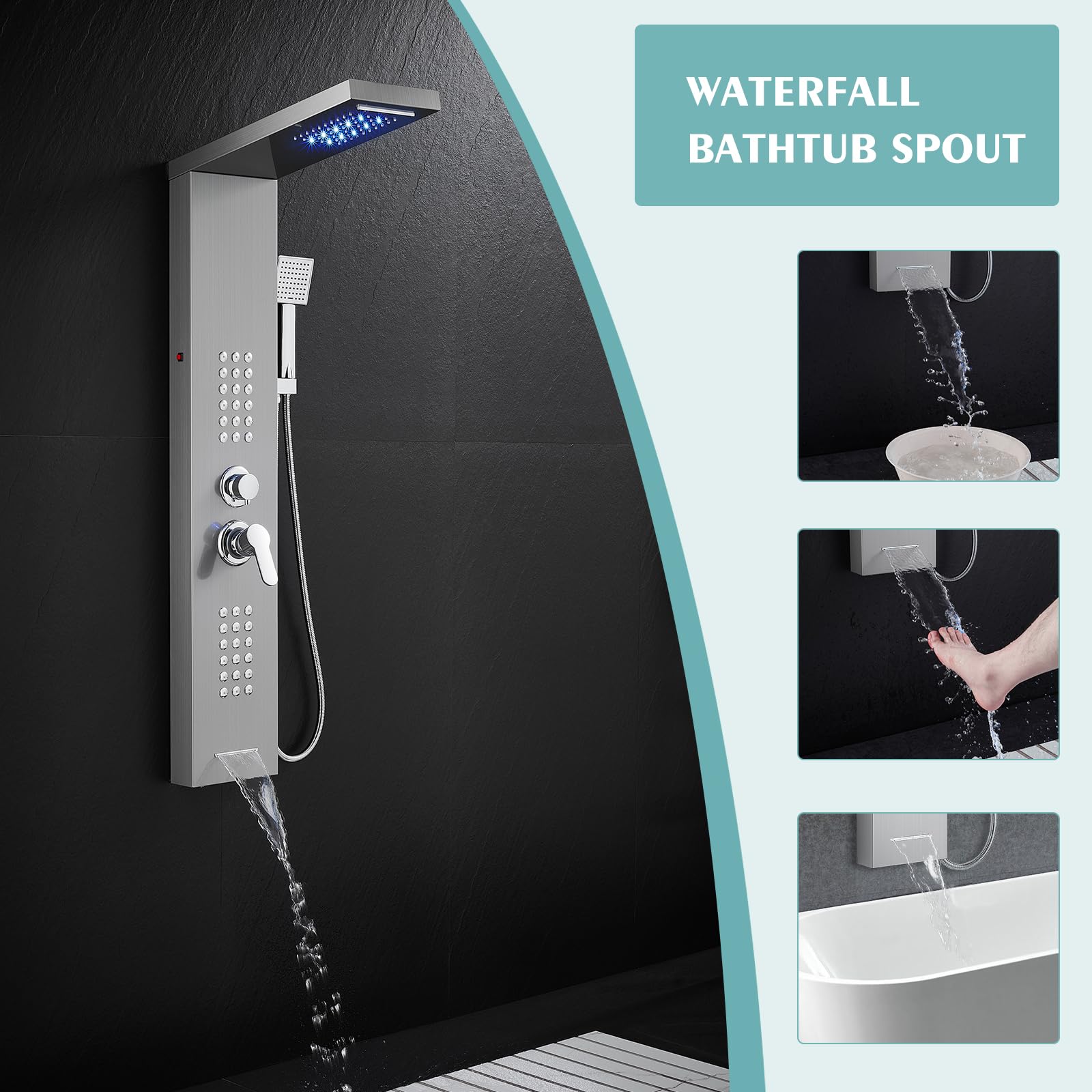 Rainfall LED Shower Panel Tower - 5-in-1 Shower System with Waterfall Showerhead, Adjustable Body Jets, Handheld Spray & Tub Spout, Stainless Steel Shower Column (Brushed Nickel Finish) - Perfect for Modern Bathrooms & Spa-Like Shower Experience