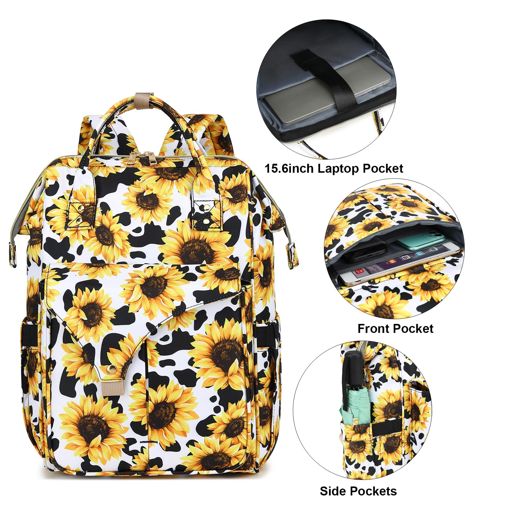 Stylish Sunflower Cow Print Laptop Backpack for Women - 15.6 Inch College School Bookbag, Nurse Backpack & Travel Daypack | Perfect for Work, School & Casual Outings