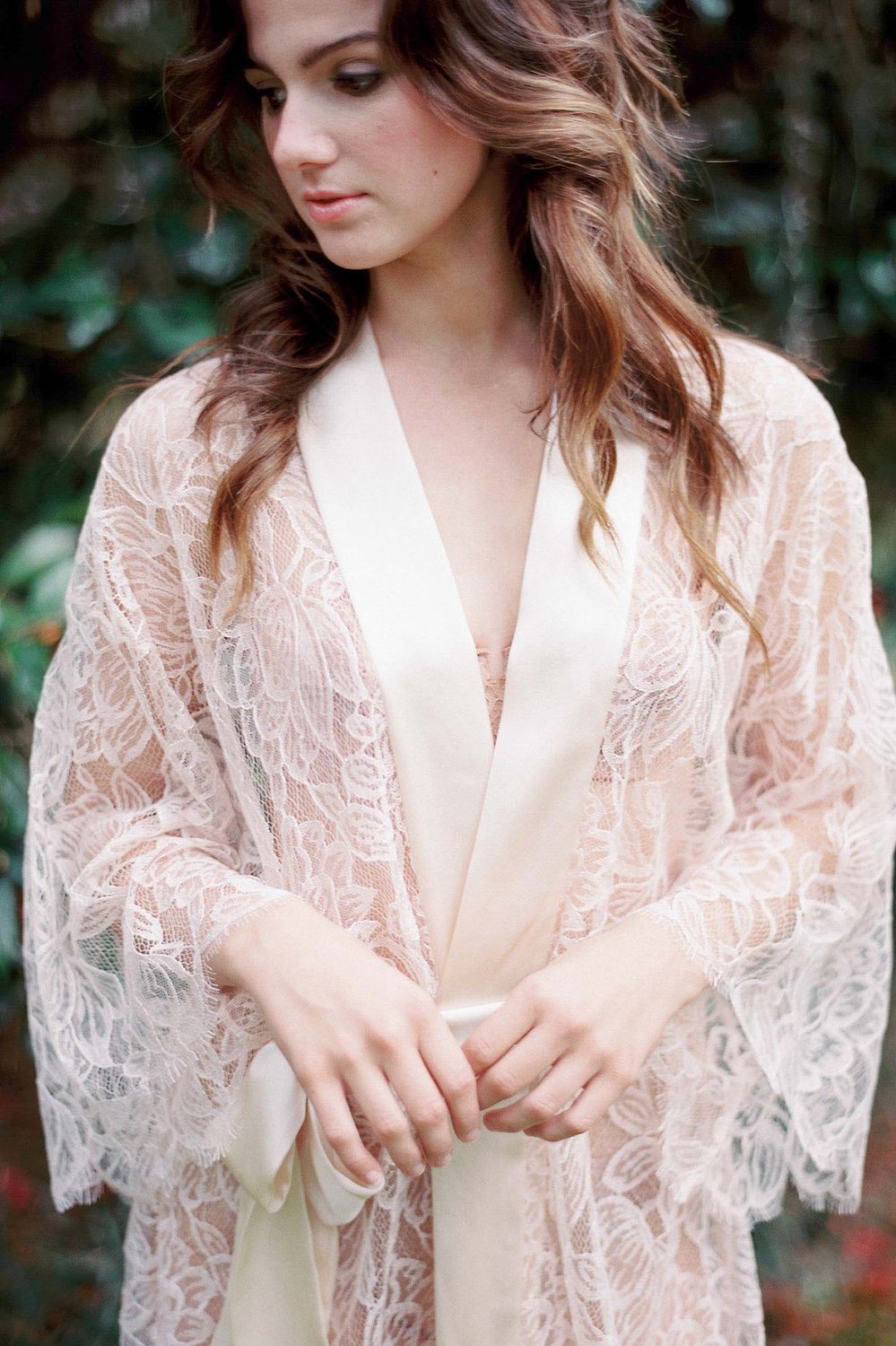 Blush Pink Tulip French Lace & Silk Kimono Robe - Elegant Loungewear for Bridal Shower, Honeymoon & Spa Days