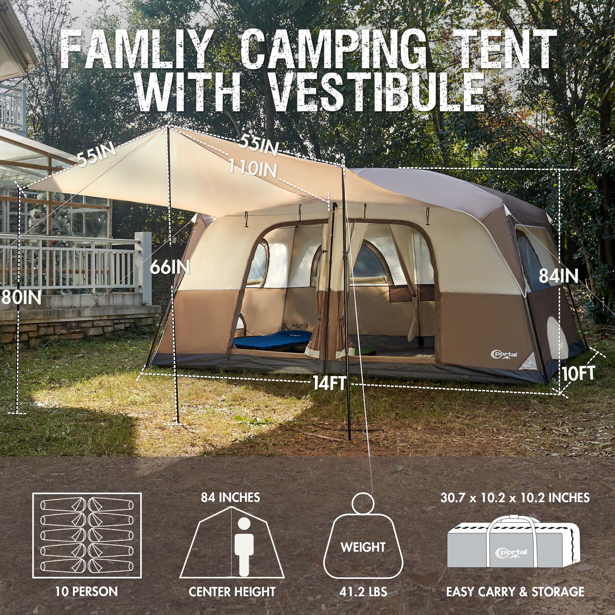 PORTAL 6 | 8 | 10 Person Family Camping Tent with Porch - Spacious Waterproof Tent with High Ceiling & Excellent Ventilation for Outdoor Adventures, Backyard Camping & Family Gatherings