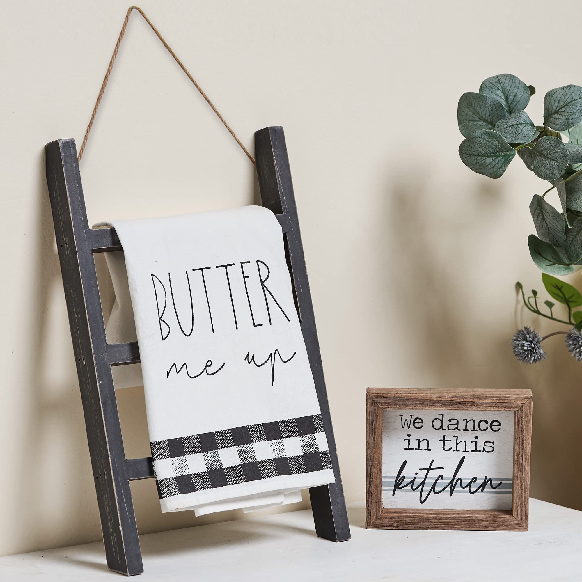 Farmhouse Tea Towel Ladder - Rustic Wood Kitchen Decor for Towels & Signs