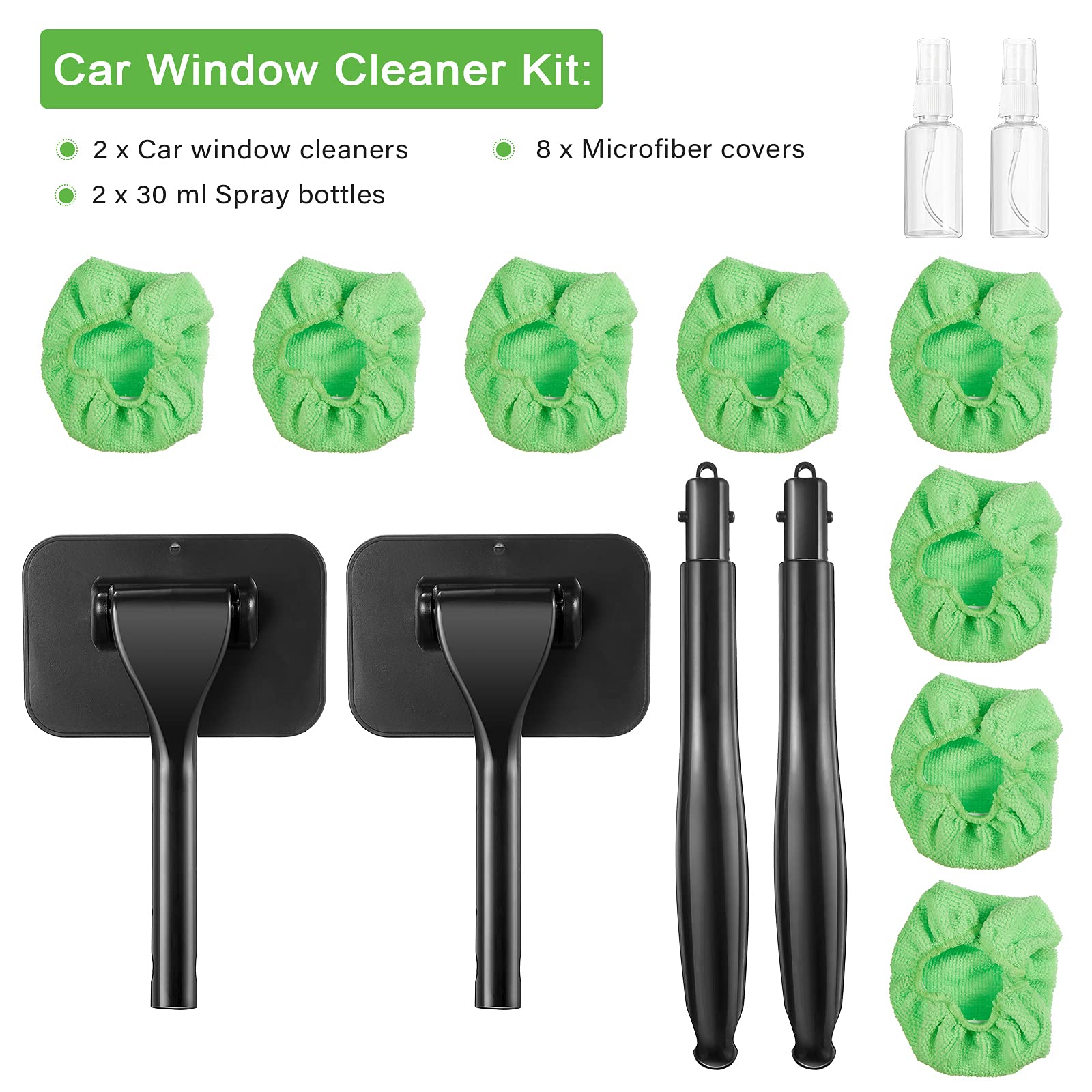 2 Pack Windshield Cleaning Kit - Extendable Car Window Cleaner with Detachable Handle, 8 Reusable Microfiber Pads & 2 Spray Bottles for Auto Glass & Interior Cleaning - Perfect for Cars, Trucks, RVs (Green)