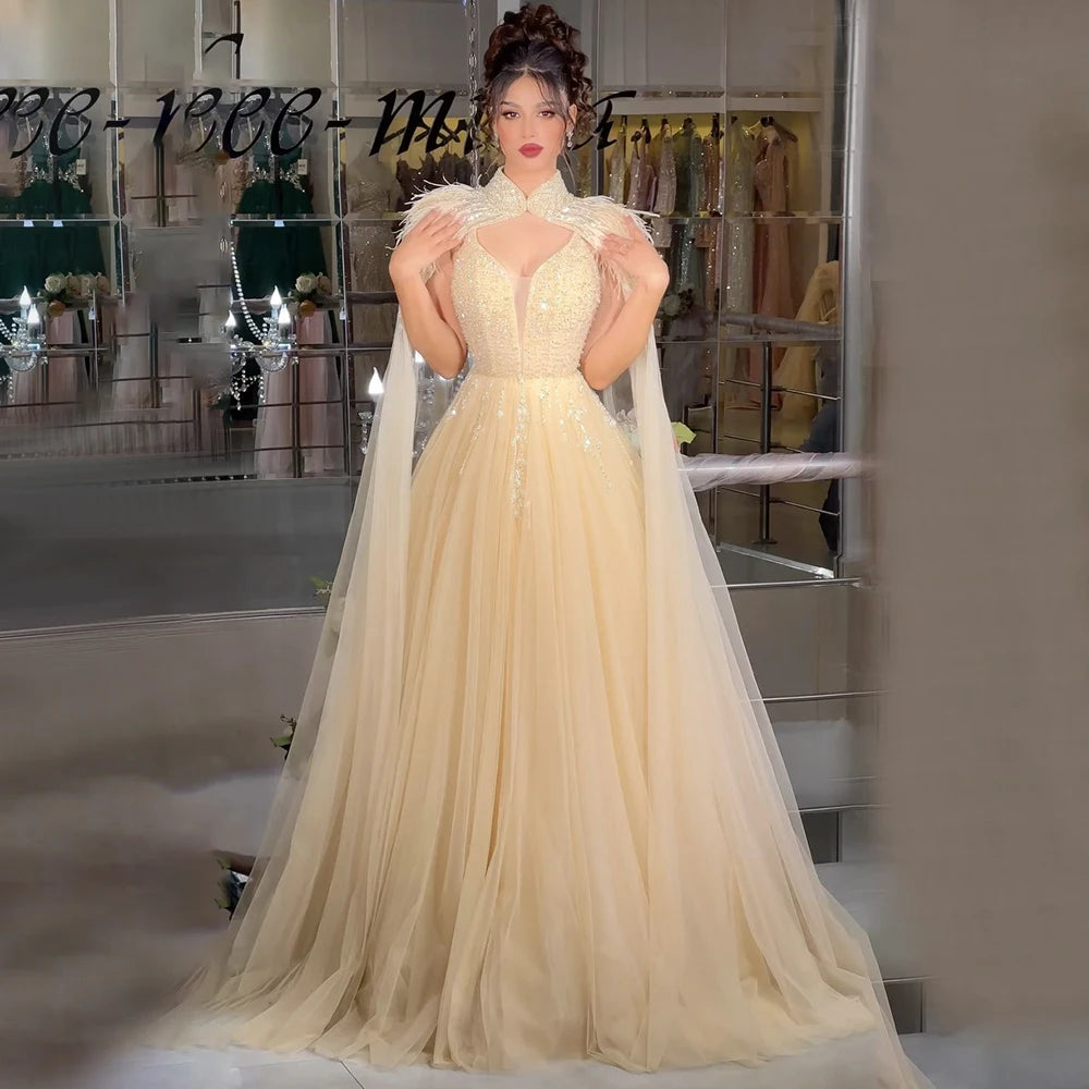 Luxury Dubai Arabic Beige A-Line Feather Cape Beaded Saudi Evening Gown for Formal Occasions - Elegant Wedding, Gala & Red Carpet Dresses LA72722