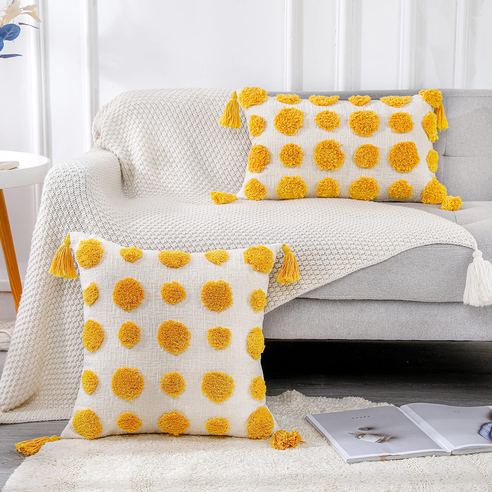 PANOD Super Soft Farmhouse Decorative Plush Throw Pillow Covers 12x20 Inch - Yellow Solid Pom Pom Tufted with Tassels, Modern Boho Lumbar Cushion Cover for Sofa, Couch & Bed - Perfect for Living Room, Bedroom & Home Decor