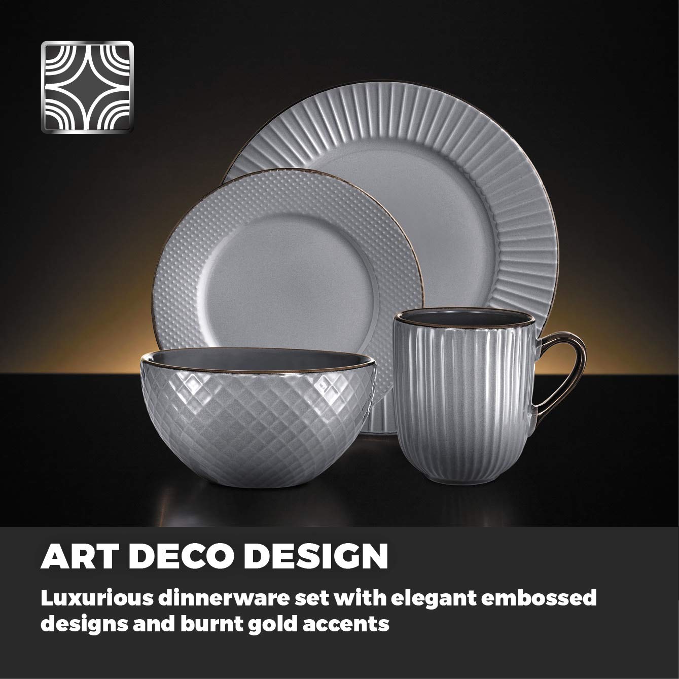 Empire 16-Piece Stoneware Dinnerware Set in Grey and Brass - Elegant Tableware for Everyday Dining & Entertaining | Tower T867002GRY