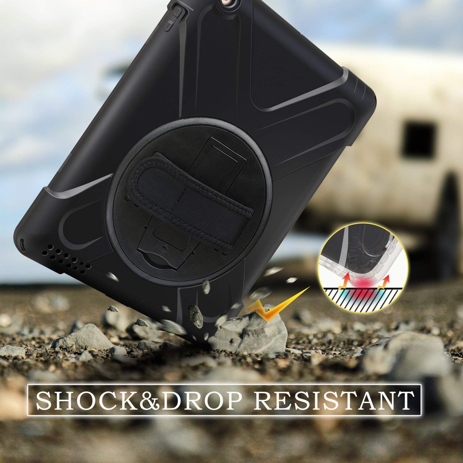**Military Grade Shockproof iPad Air 2 Case for Kids (Model A1566/A1567, 2014) – Heavy Duty Rotating Stand with Hand Strap | Rugged Protective Cover for iPad Air 2nd Gen 9.7 Inch – Perfect for School, Travel & Outdoor Play (Black)**