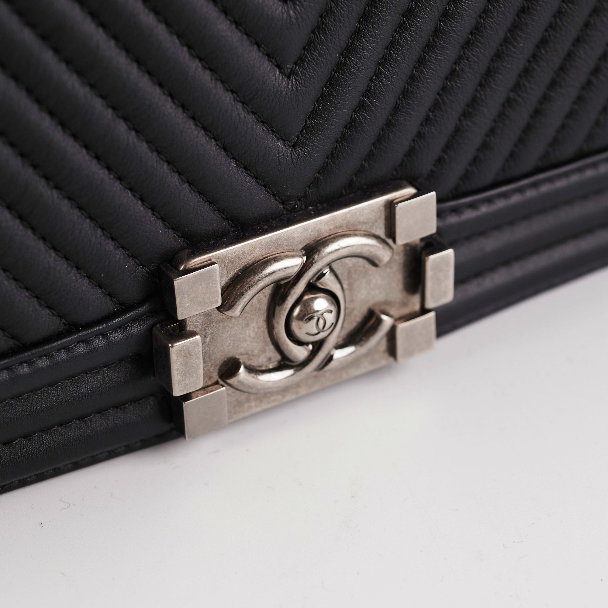 Chanel Old Medium Boy Chevron Black Leather Handbag - Luxury Designer Crossbody Bag for Women | Perfect for Evening Events, Parties & Date Nights