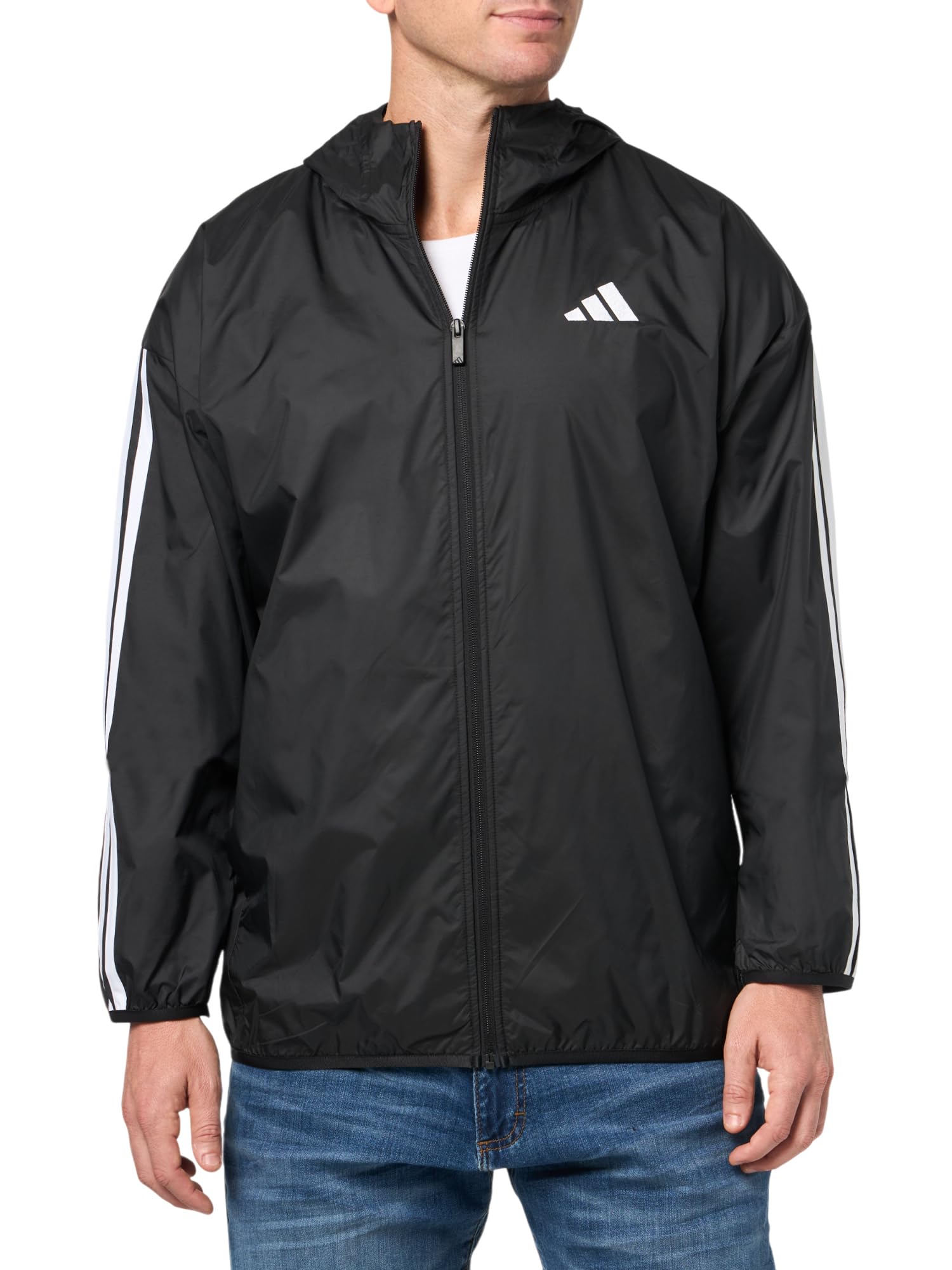 Adidas Men's Essentials 3-Stripes Lightweight Windbreaker Jacket - Water-Resistant Running & Outdoor Sports Hoodie for Jogging, Hiking, and Casual Wear