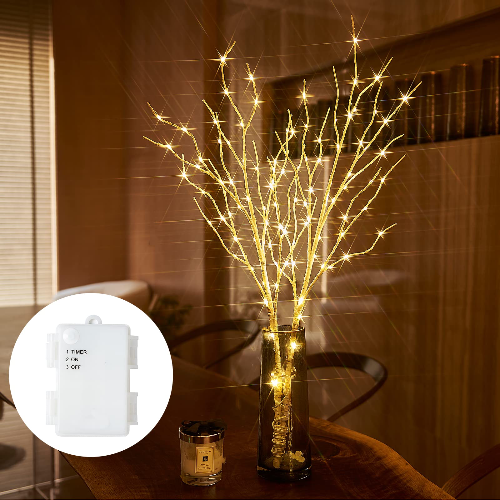 32IN 100 LED Birchlitland Lighted Birch Branches with Timer - Battery Operated Artificial Tree Branch with Warm White Lights | Perfect for Home, Bedroom, Fireplace & Christmas Holiday Decorations