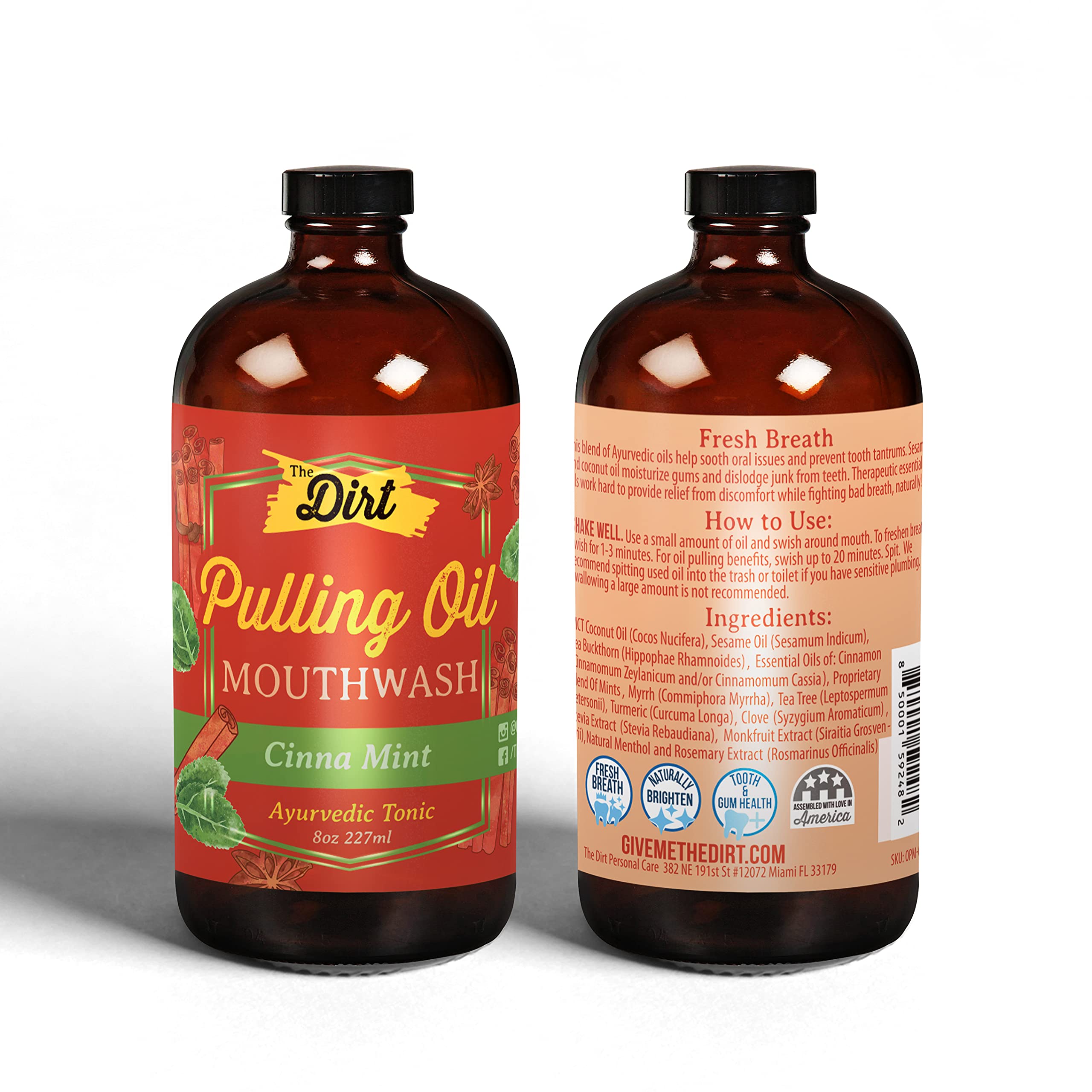 THE DIRT Oil Pulling Mouthwash - Gluten Free, Plaque & Tartar Remover, Bad Breath Treatment & Teeth Whitening - Cinnamon Mint Flavor (8 oz) - Ideal for Daily Oral Care & Natural Teeth Whitening at Home