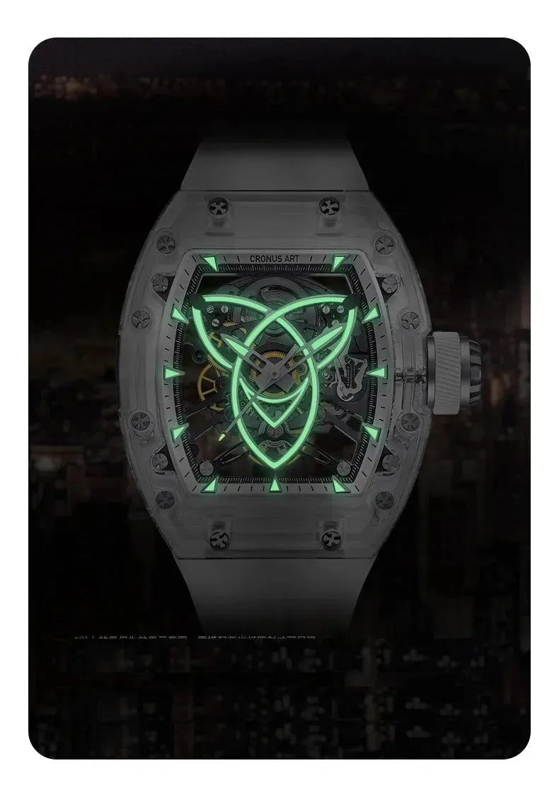 CRONUSART Men's Automatic Skeleton Watch - 50x42mm Tonneau Mechanical Wristwatch with Luminous Dial, Acrylic Case & Fluororubber Strap - Perfect for Business, Casual Wear & Special Occasions