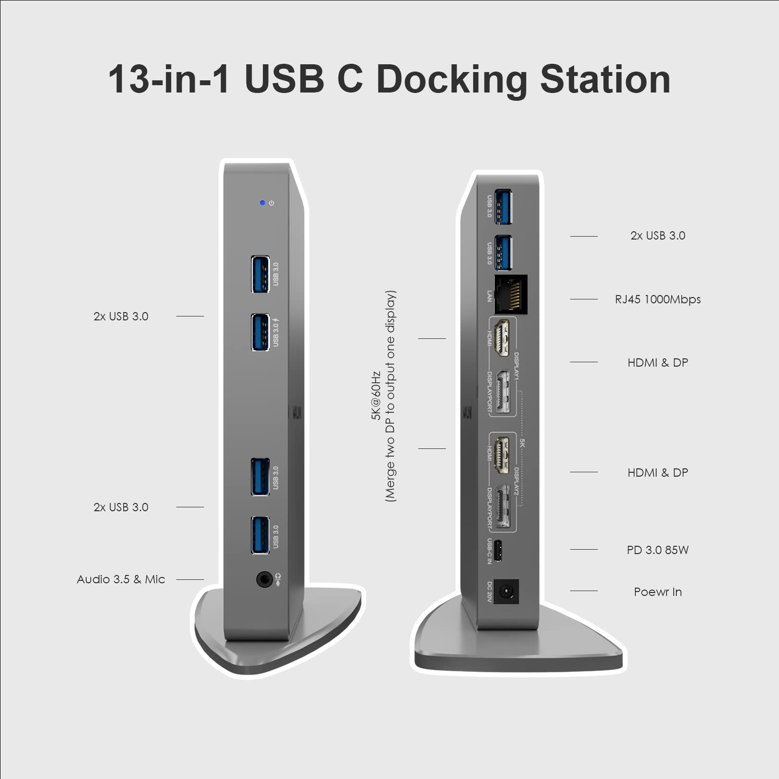 WAVLINK USB C Docking Station for Laptop - Dual Monitor Support with 5K/4K@60Hz, 2x DisplayPort + HDMI, 6x USB 3.0 Ports - Compatible with Windows & Chrome OS - Perfect for Home Office, Gaming & Multi-Tasking