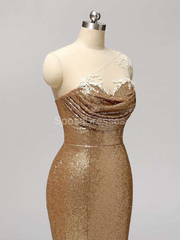 Gold Sequin One Shoulder Mermaid Long Bridesmaid Dresses for Weddings & Formal Events - Elegant Evening Gowns for Prom, Party & Special Occasions - WG596