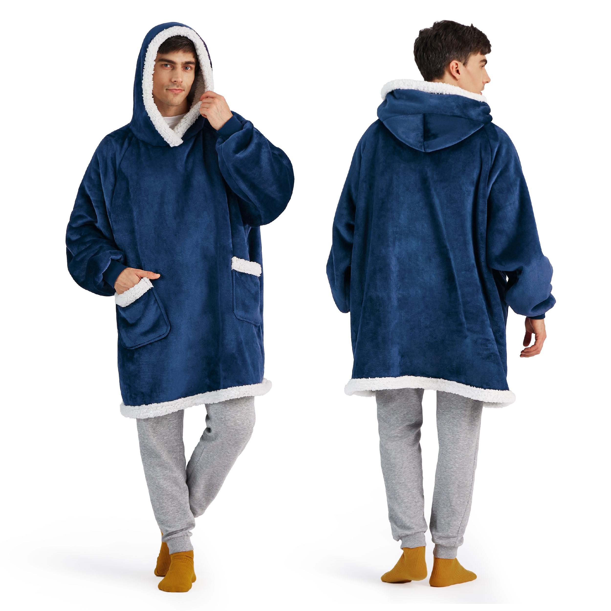Bedsure Wearable Blanket Hoodie for Adults & Kids - Oversized Sherpa Hoodie for Women, Men, and Mom - Navy Blue Cozy Gift for Birthdays, Holidays, and Relaxing at Home or Camping