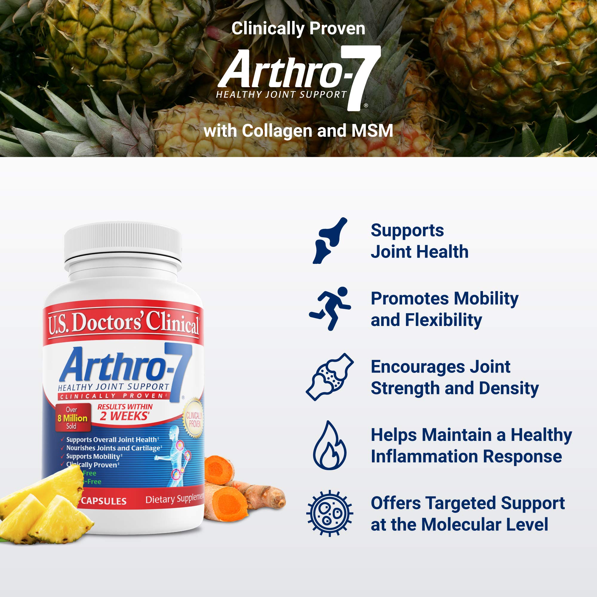 U.S. Doctors’ Clinical Arthro-7 - Clinically Proven Joint Support Supplement with Turmeric, Collagen & Bromelain - Supports Flexibility, Mobility & Cartilage Health - 180 Capsules (3 Bottles) - 45/90 Day Supply - Ideal for Active Adults, Athletes & Seniors