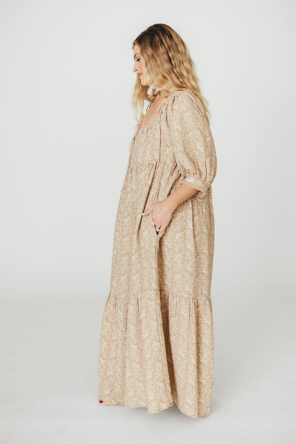 Peyton 100% Cotton Maternity Maxi Dress - Bump Friendly Floral Print in Mocha (XS-XL) | Perfect for Pregnancy, Baby Showers & Summer Vacations