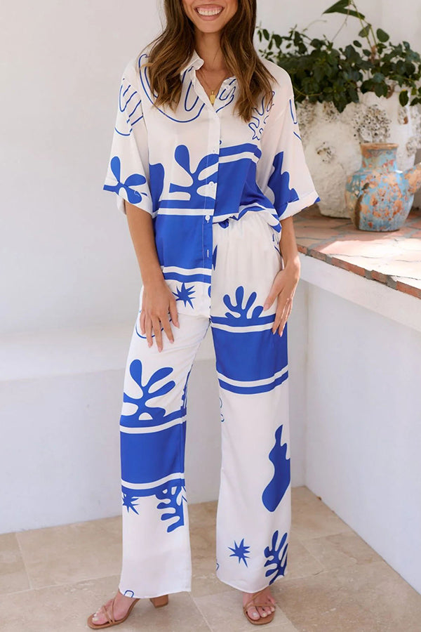 Stylish Color Block Print Button Up Shirt & Elastic Waist Pants Set for Women | Beach Outfit, Summer Vacation, Casual Wear