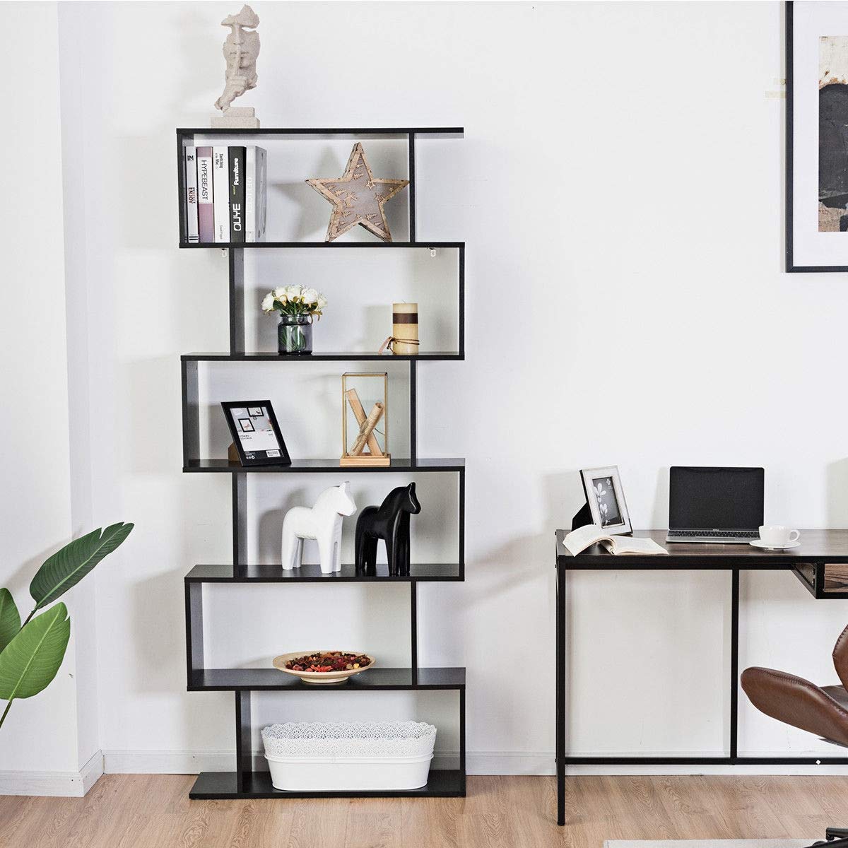 6-Tier S-Shaped Wooden Bookshelf - Freestanding Decorative Storage Shelf & Room Divider for Living Room, Home Office | Z-Shelf Style Bookcase for Display & Organization