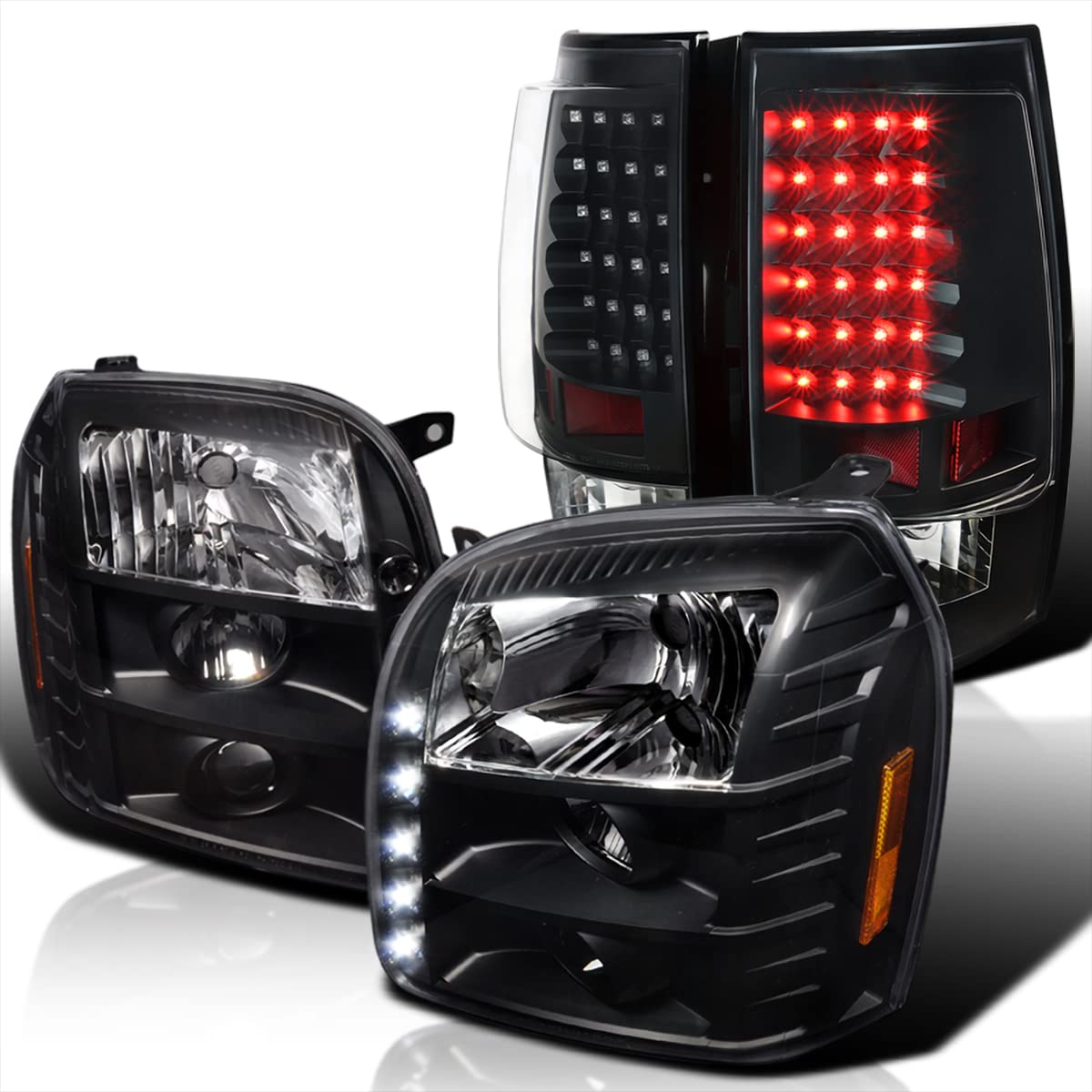 Spec-D Tuning Black LED Projector Headlights & Tail Lights LED Brake Lamps for 2007-2014 GMC Yukon - Left & Right Pair Headlamp Assembly - Upgrade Your Ride with Enhanced Visibility & Style for Night Driving & Off-Road Adventures