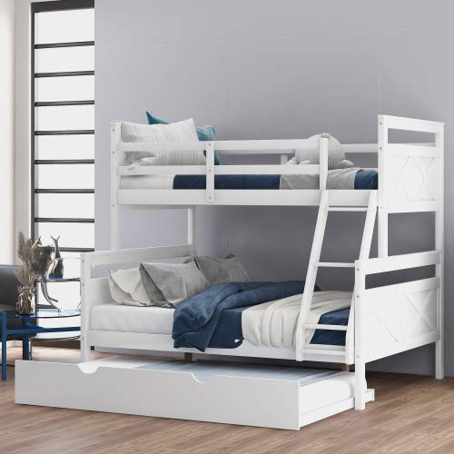 Twin Over Full Bunk Bed with Twin Trundle - Solid Wood Loft Bed Frame with Slanted Ladder & Full-Length Guardrail - Converts to 2 Separate Beds - Ideal for Kids, Teens & Small Bedrooms - Perfect for Shared Rooms, Sleepovers & Space-Saving Solutions - White