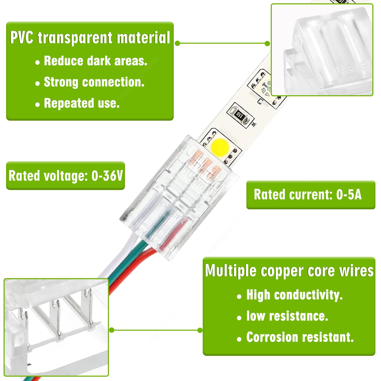 10mm 3-Pin LED Strip Connector - Clear Unwired Gapless Quick Connect Adapter for 5050 RGB LED Light Strips (20 Pack) - Perfect for Home, Office, and DIY Lighting Projects