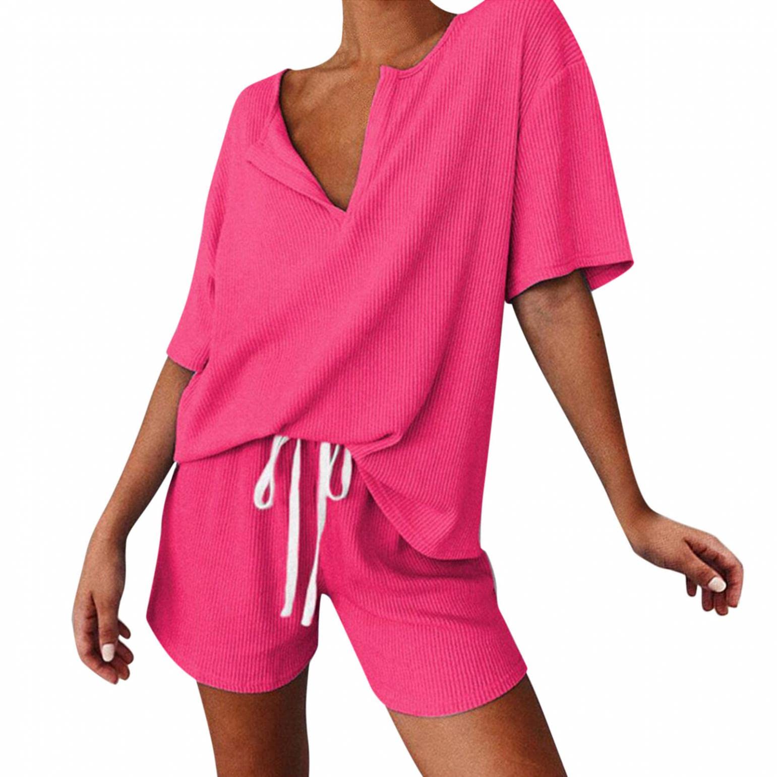 FUNEY Women's Waffle Ribbed Knit Pajama Set - 2 Piece Short Sleeve Top & Shorts for Sleepwear, Loungewear & Athletic Tracksuits - Cozy Home Outfit, Yoga & Relaxation Wear
