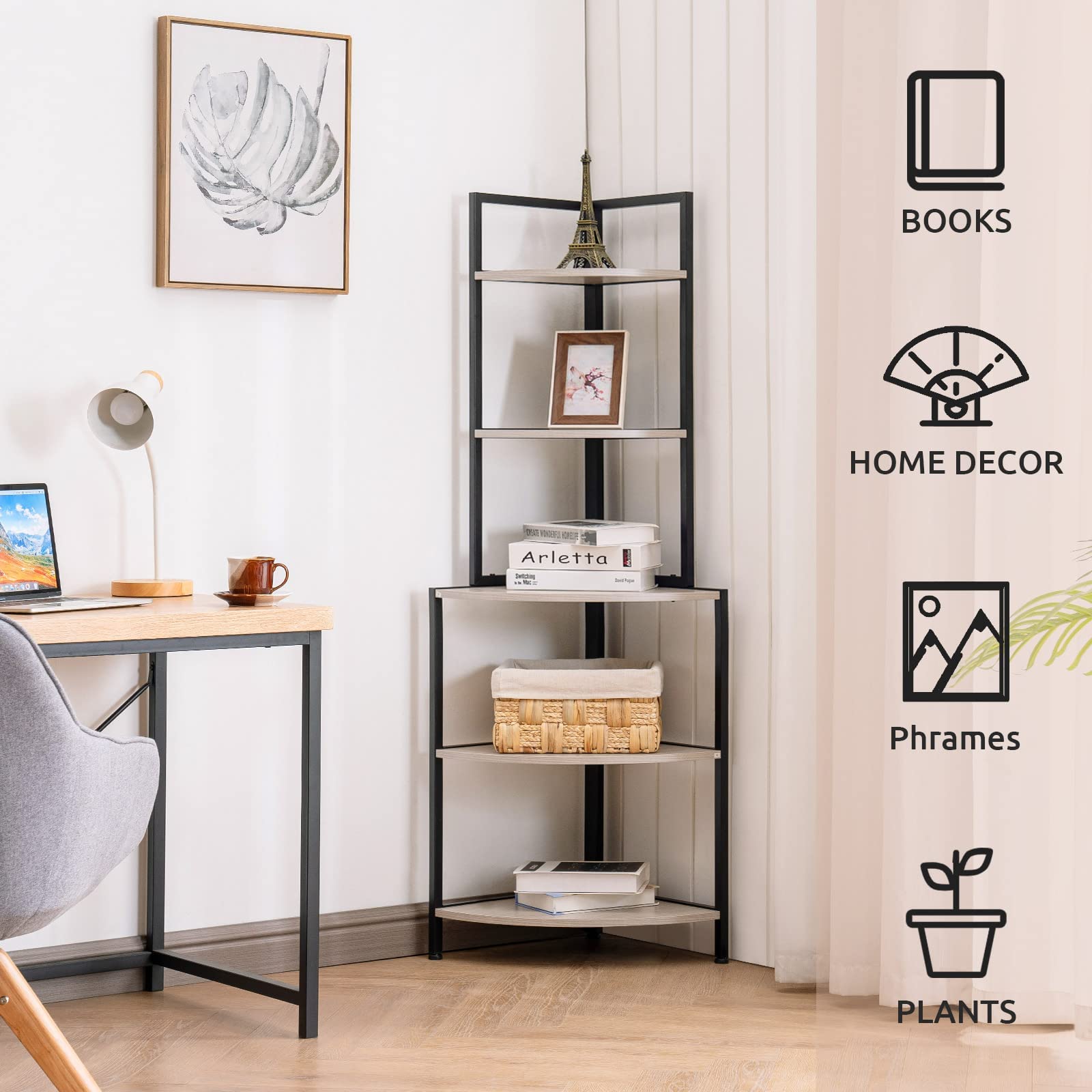 Apicizon 5-Tier Industrial Corner Bookshelf - Metal Frame Rustic Storage Shelf for Home Office, Kitchen & Small Spaces | Display Plants, Flowers & Books | Durable Grey Corner Shelving Unit for Living Room, Bedroom & Workspace