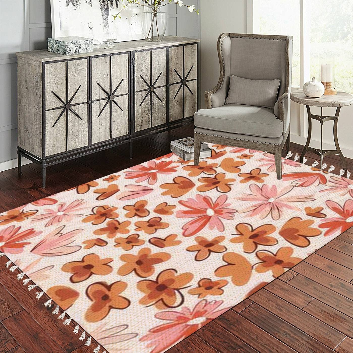 Handmade Cotton Linen Bohemian Rug with Retro Tassels & Daisy Floral Pattern - Washable Non-Slip Bath Mat for Kitchen, Living Room, Bedroom Decor - Boho Chic Area Rug Perfect for Indoor/Outdoor Use