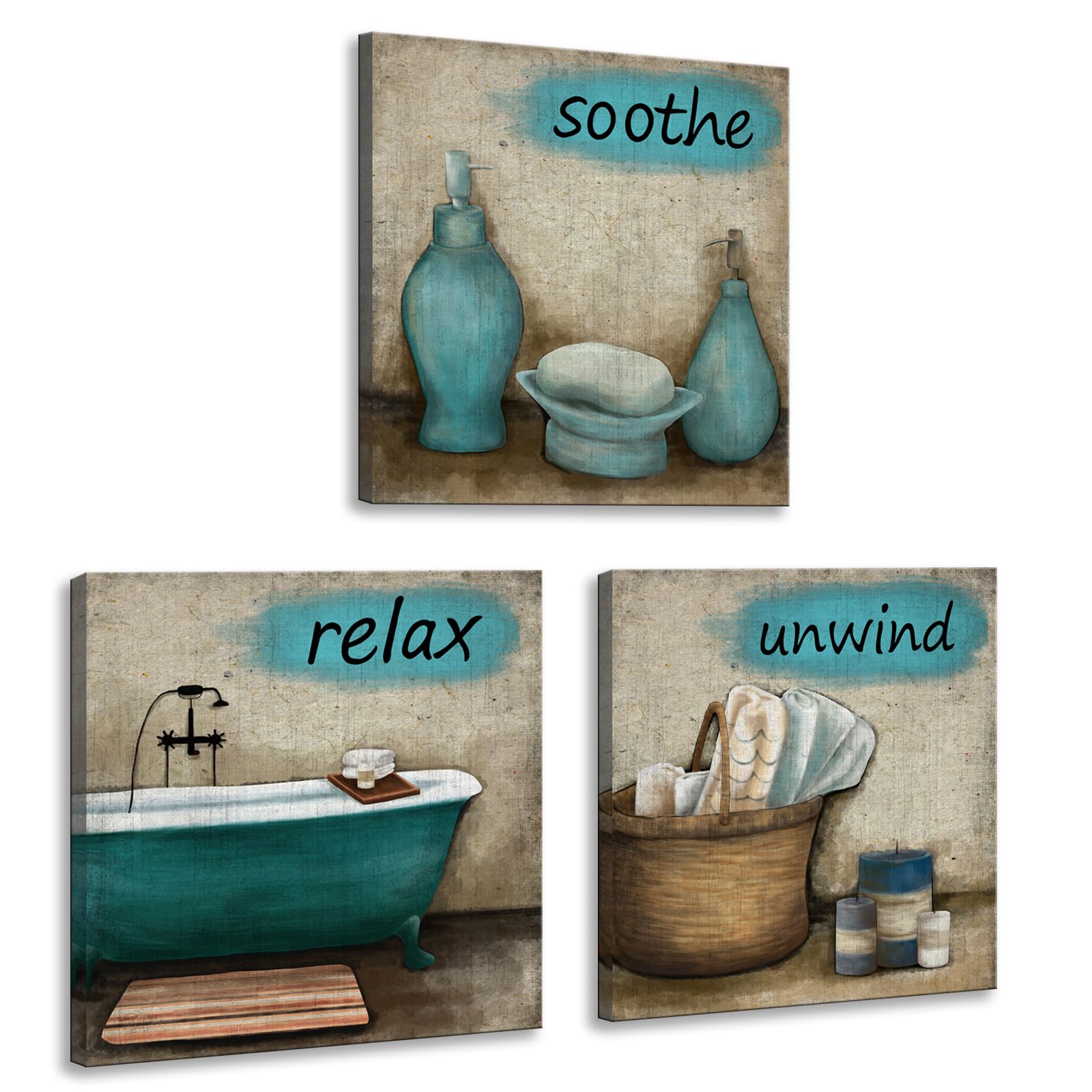 iHAPPYWALL 3-Piece Bathroom Wall Art Set - Teal Bathtub Canvas Prints, Framed & Ready to Hang | Spa Decor for Relaxation, Bath Towel Storage & Modern Bathroom Decor