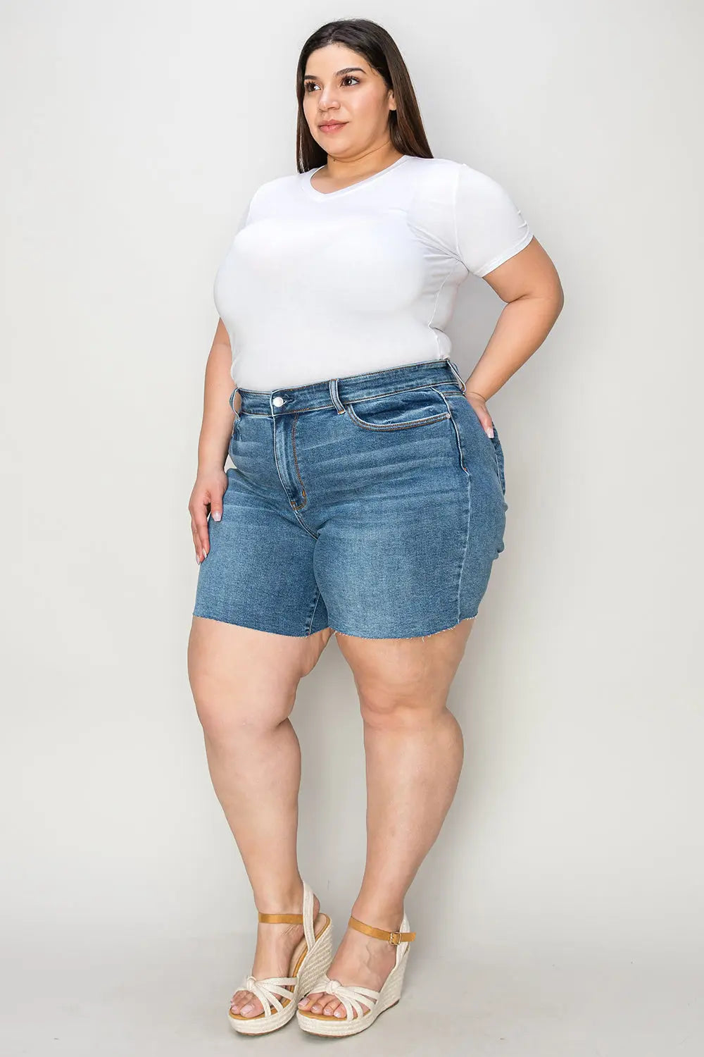 Judy Blue High Waist Slim Denim Shorts for Women - Stretchy Comfort Fit Distressed Denim Shorts | Perfect for Summer, Beach, and Casual Outings