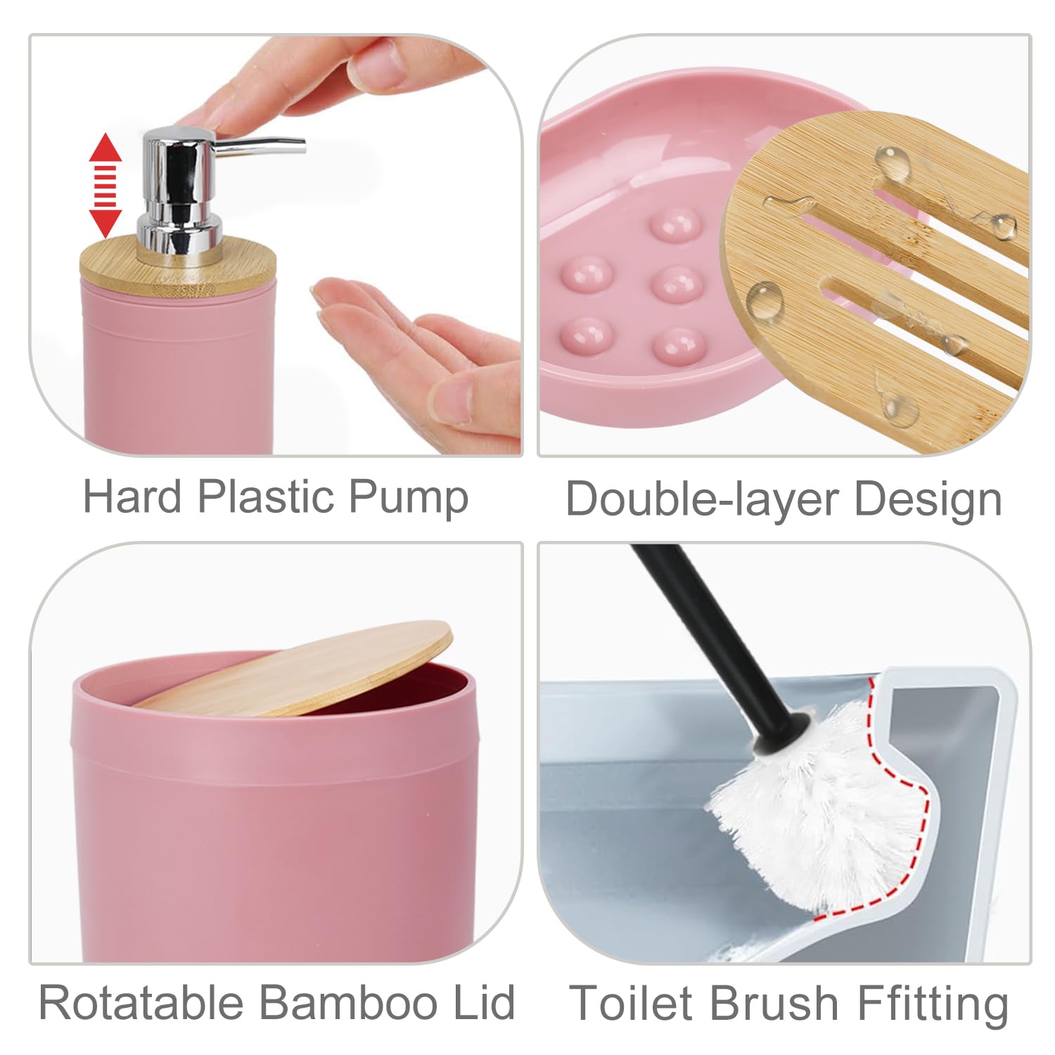 CERBIOR 6-Piece Bamboo Bathroom Accessories Set - Includes Soap Dispenser, Toothbrush Holder, Cup & Soap Dish - Modern Pink Bath Decor for Countertop - Perfect Housewarming Gift for Home & Apartment Decor