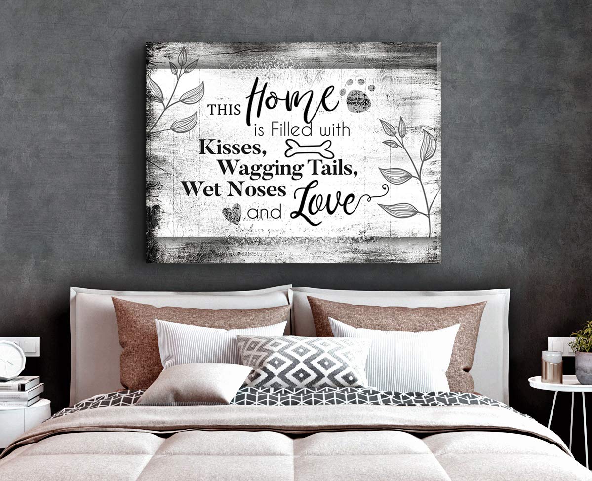 Rustic Dog Wall Decor Sign - 'This Home Is Filled With Kisses' 30x40 Inch Grey Wooden Plaque for Couples Bedroom, Above Bed Decor & Farmhouse Home Decoration | Perfect Gift for Dog Lovers & Wedding Anniversary Present