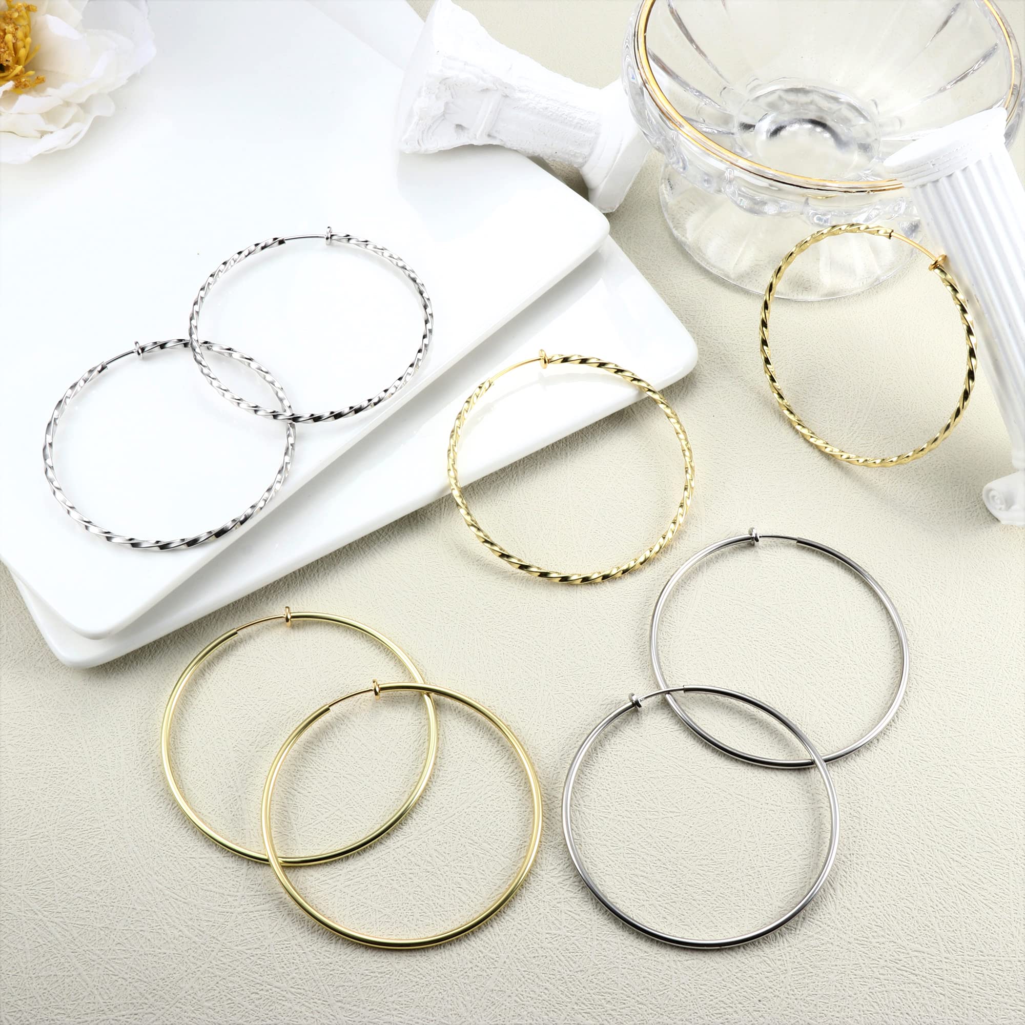 8Pcs Clip-On Hoop Earrings for Women - Stainless Steel Non-Piercing Big Hoops in Silver & Gold | Hypoallergenic Lightweight Twisted Earrings for Sensitive Ears | Perfect for Parties, Weddings & Everyday Wear