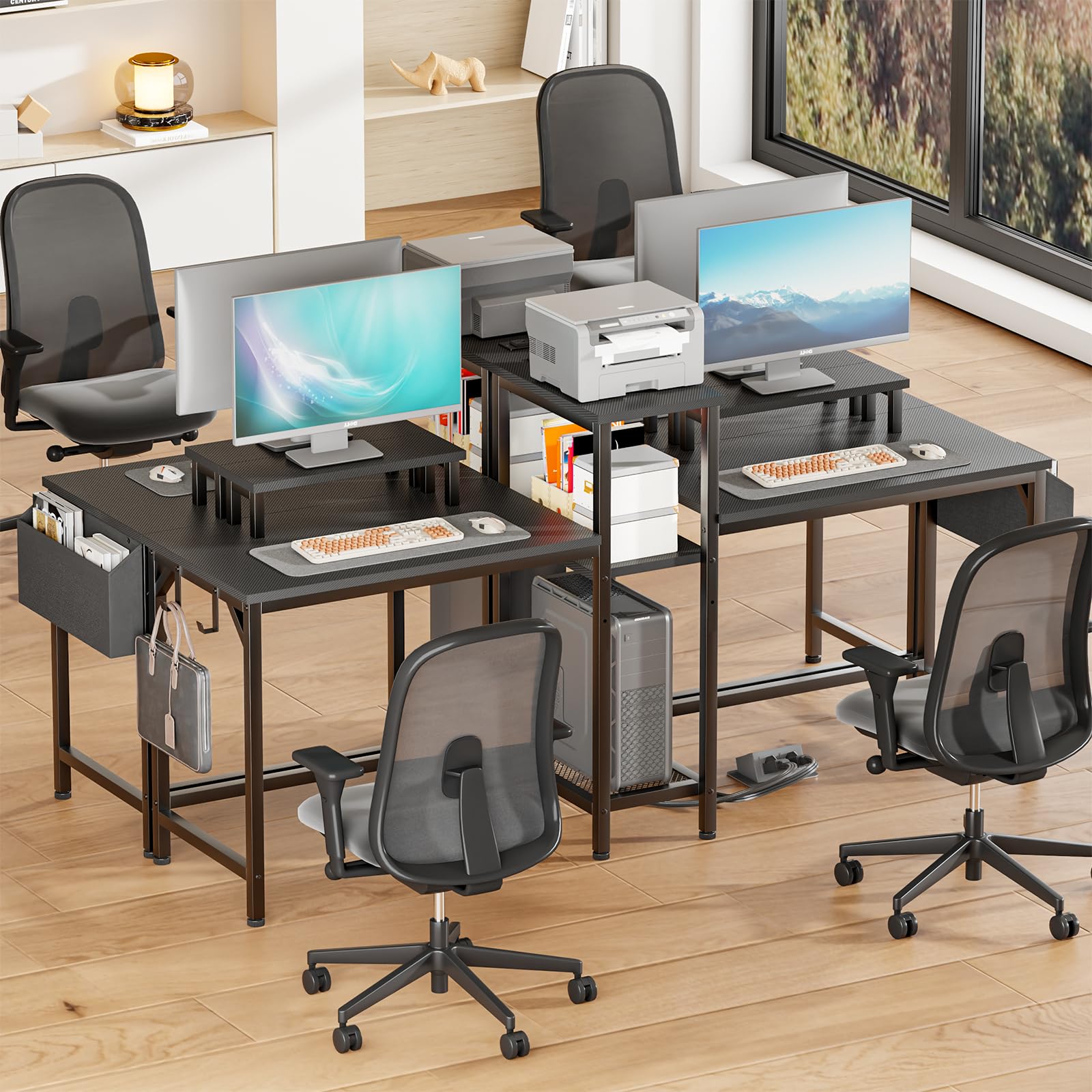 Furologee 71 Inch LED Gaming Desk for 2 Players - Dual Computer Desk with Power Outlets, Monitor Stand, Storage Bag & Headphone Hooks - Perfect for Home Office, Study & Writing | Ideal for Gamers, Remote Work & Small Spaces (Black)